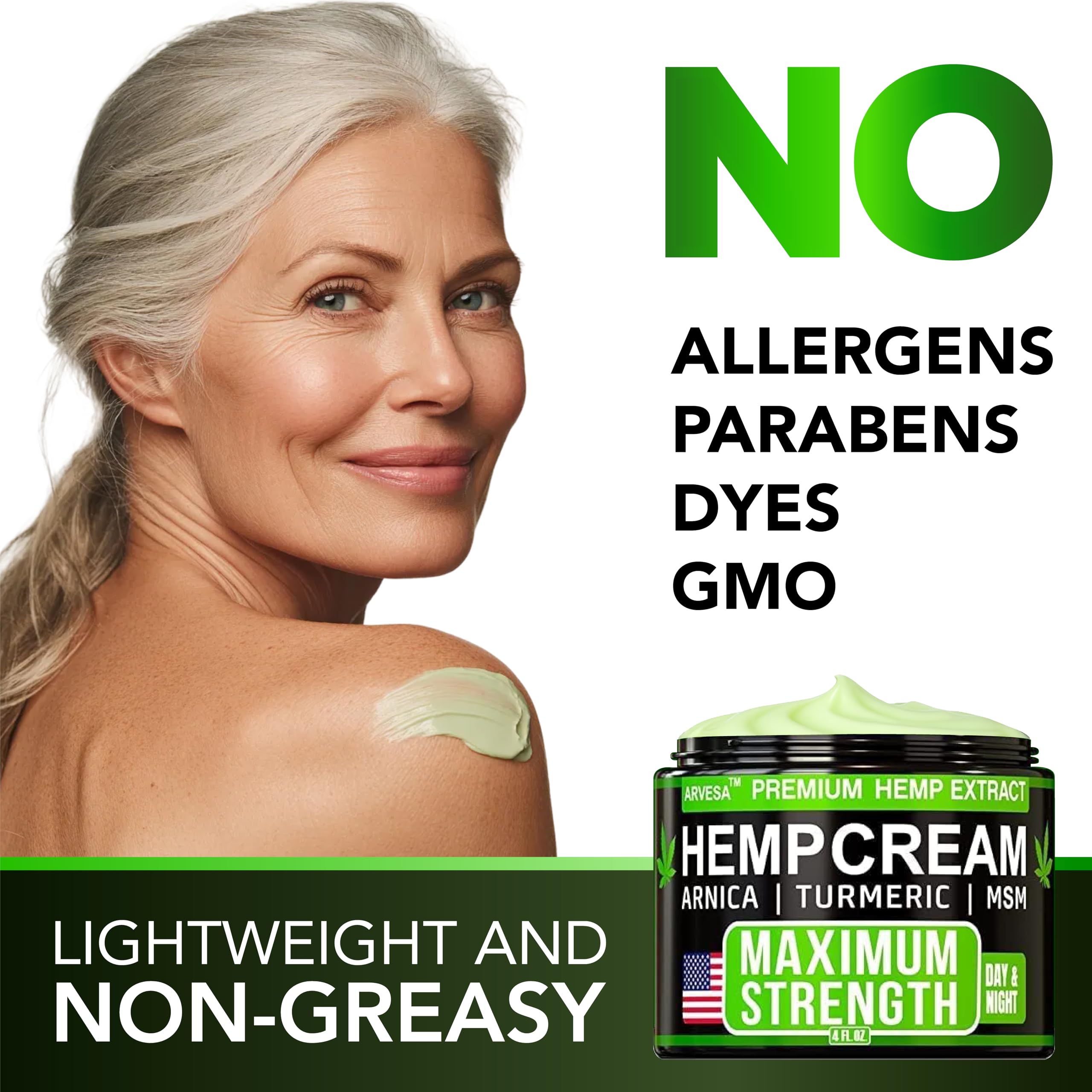 Hemp Cream Maximum Strength with Glucosamine, Arnica, Turmeric, MSM - Natural Hemp Oil Gel Rub - Fast Absorption, Non-Greasy - Advanced Formula - Formulated in USA - 4 FL OZ Arvesa Au supplements