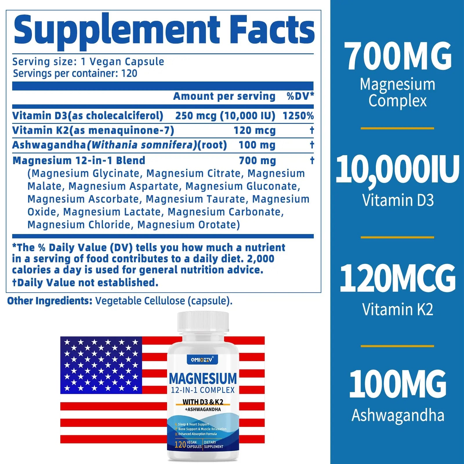Magnesium Complex 12 in 1 Supplement for Women & Men 700mg, Magnesium Glycinate with Vitamin D3 K2, Citrate Malate Oxide Taurate Aspartate Orotate, for Relaxation, Heart, Energy, Muscle, 120 Capsules Qmiozzy Au supplements