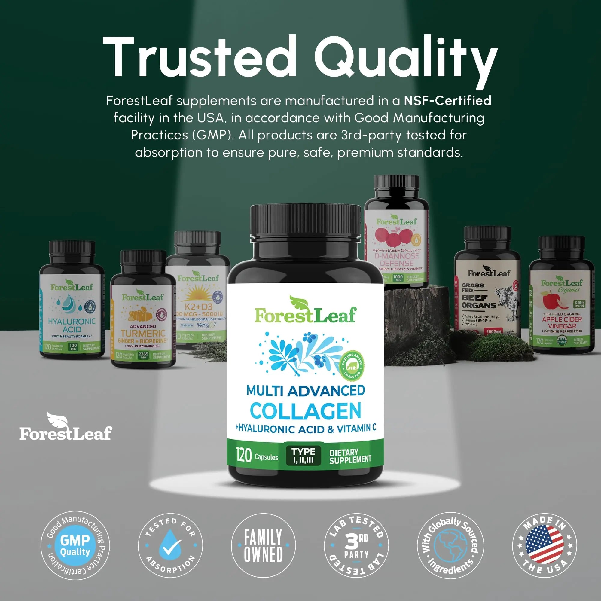 ForestLeaf Multi Collagen Pills with Hyaluronic Acid + Vitamin C | Hydrolyzed Collagen Supplements for Women or Men | Multi Collagen Capsules Peptides for Skin ForestLeaf Au supplements