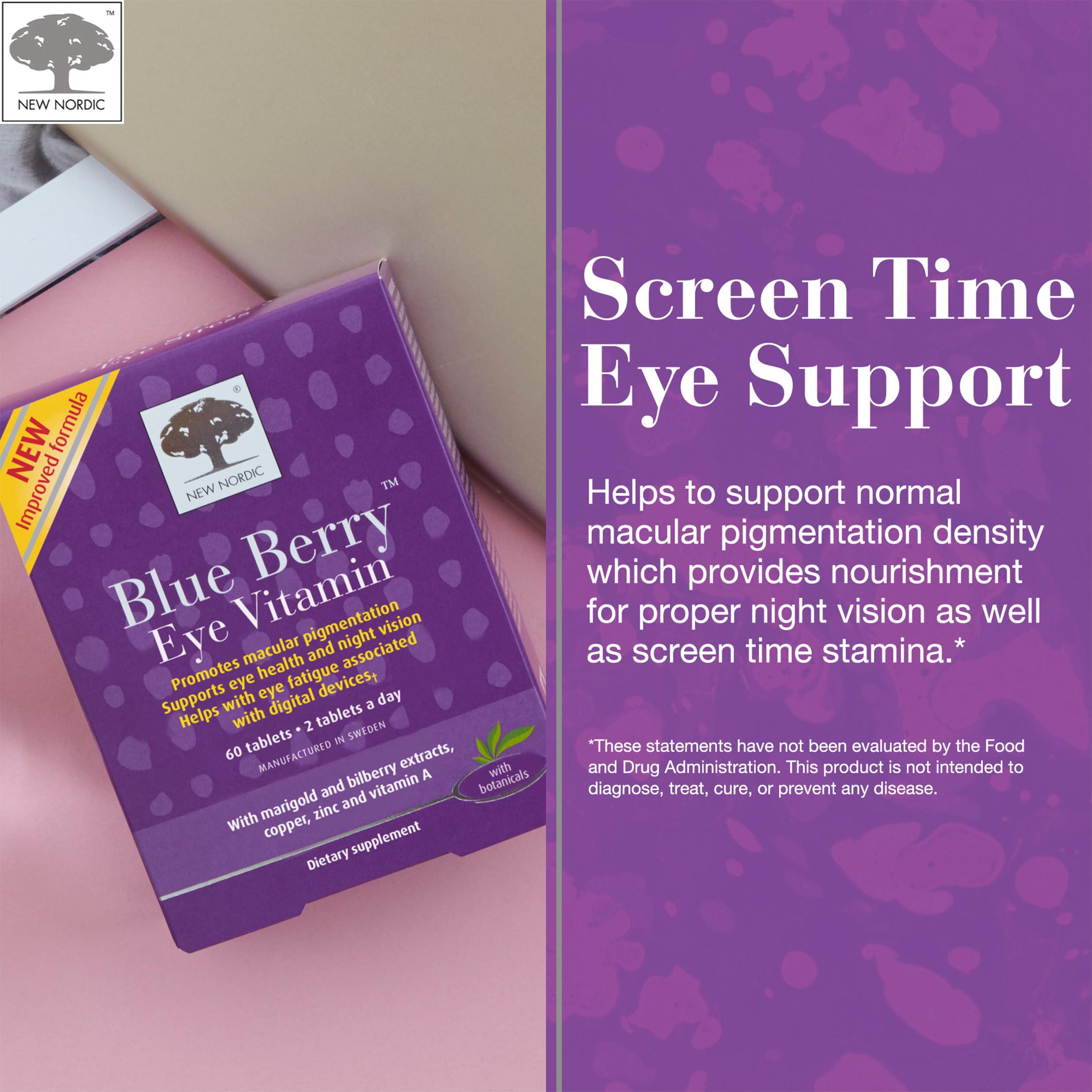 NEW NORDIC Blue Berry Eye Vitamin Lutein Supplement with Zinc, Supports Macular Pigmentation, Eye & Vision Function, 60 Tablets (Pack of 1) NEW NORDIC Au supplements