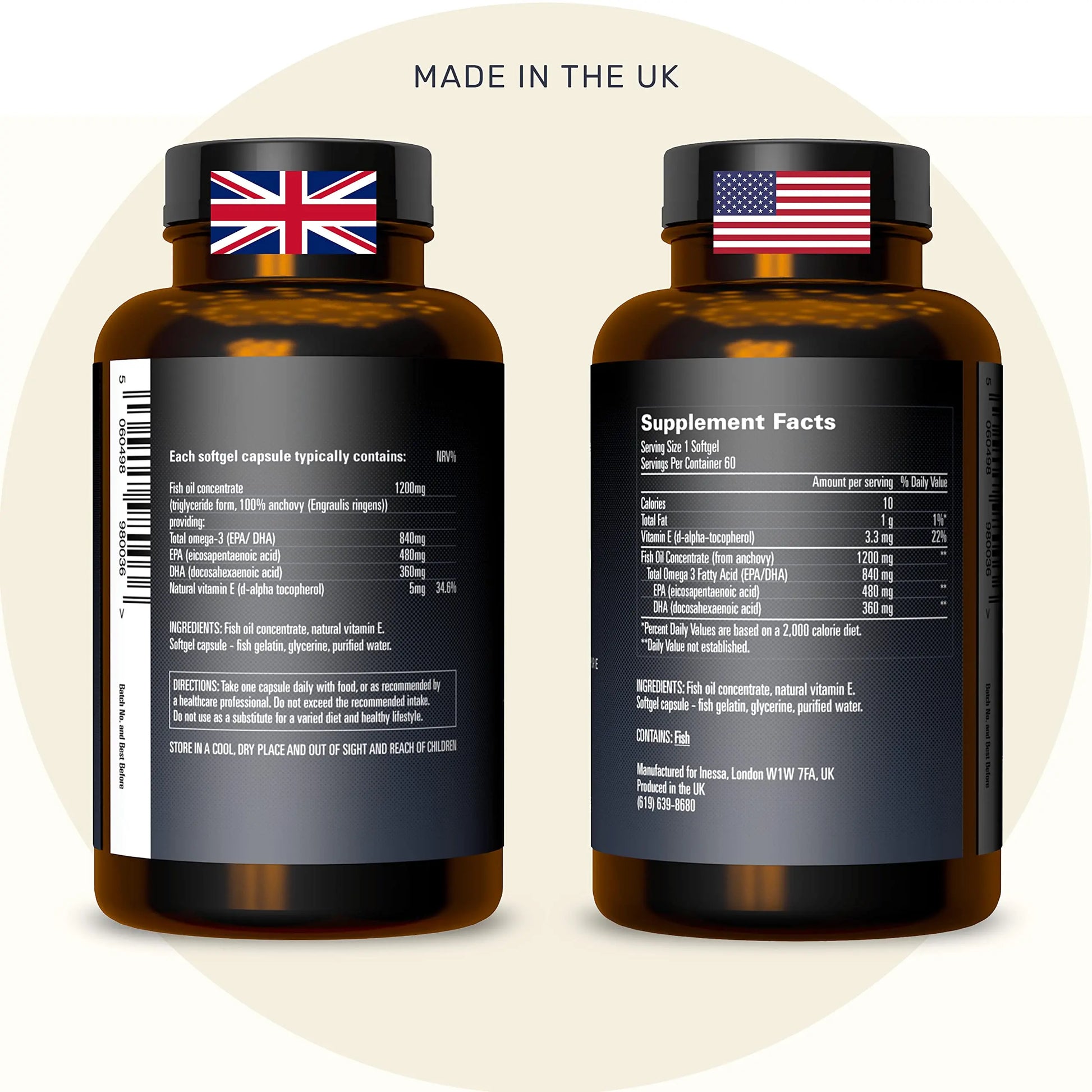 Omega 3 Fish Oil 1200mg (480mg EPA/360mg DHA per capsule) High Strength, Ultra Pure Inessa Au supplements