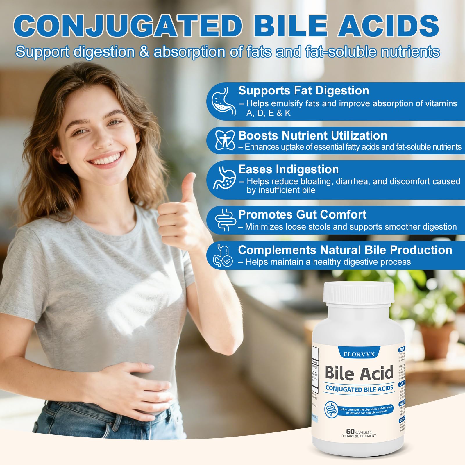 Florvyn Conjugated Bile Acid Supplement 1000mg – Supports Fat Digestion & Absorption of Fats & Fat-Soluble Nutrients, Gut Comfort & Nutrient Utilization, 60 Capsules, 30 Day Supply Florvyn Au supplements