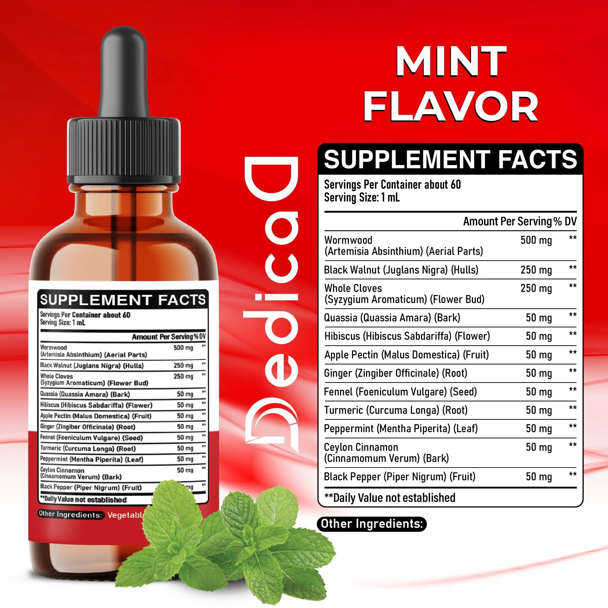 DEDICAD 12in1 Wormwood Liquid Drops Added Black Walnut, Whole Cloves and 9 More Herbs - 2 Fl Oz - 60 Days Supply - Mint Flavor DEDICAD Au supplements