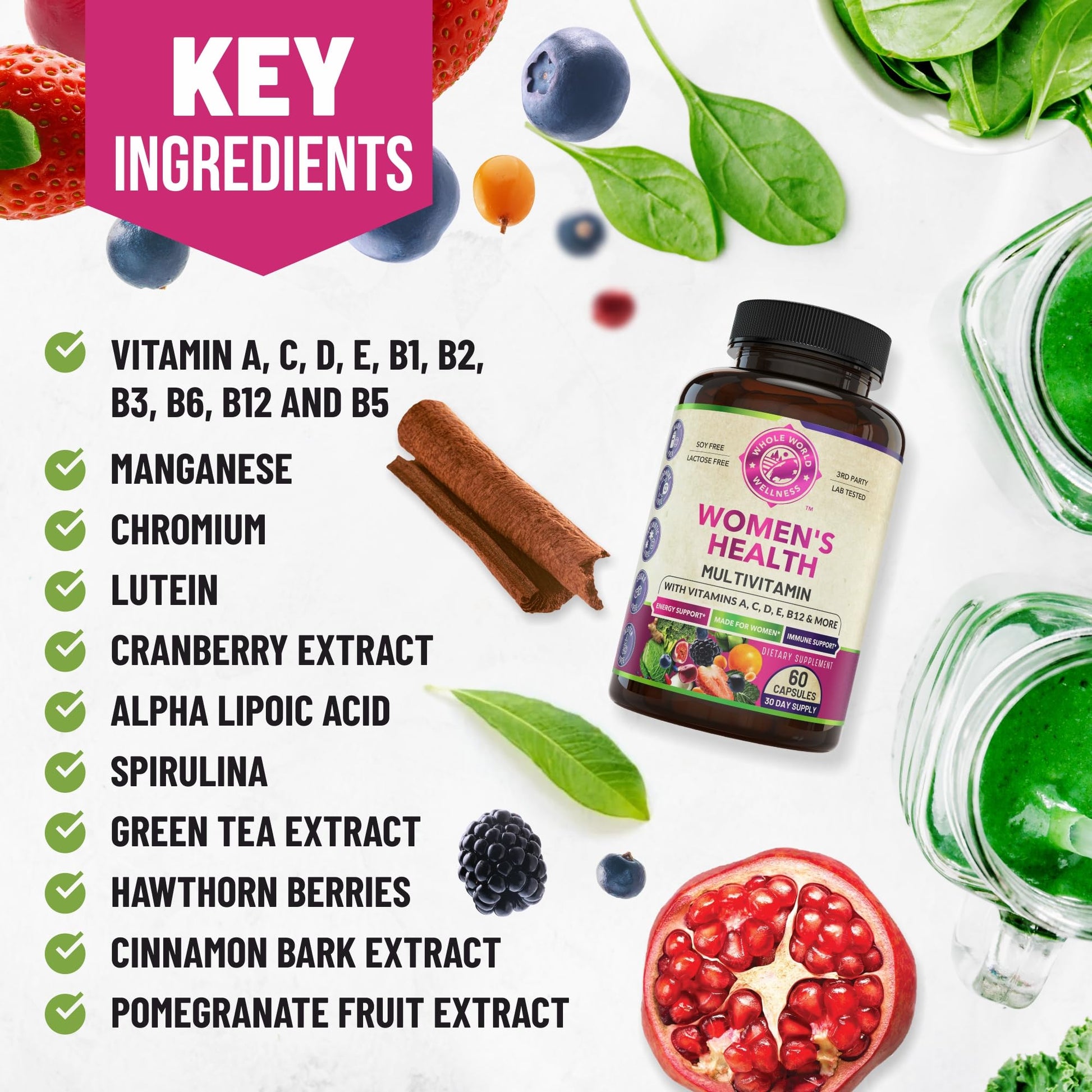 WHOLE WORLD WELLNESS Womens Daily Multivitamin Multimineral Supplement for Energy, Mood, Focus, Hair, Skin & Nails. Made for Women with 30+ Nutrients, Fruit & Energy Blend. Womens Vitamins, USA Made. WHOLE WORLD WELLNESS Au supplements
