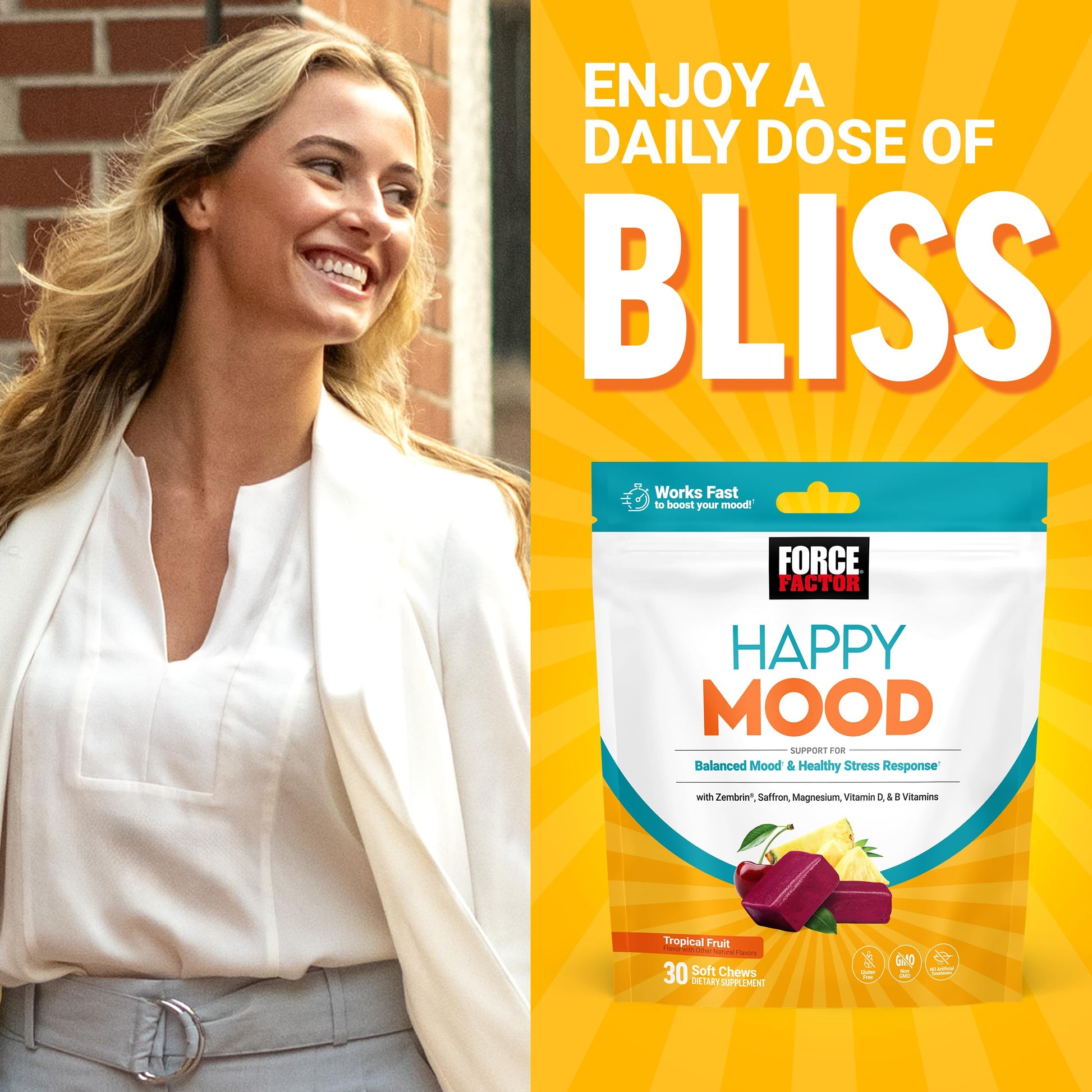 FORCE FACTOR Happy Mood, Mood Support and Mood Balance Supplement to Support Happiness, Positivity, and Stress, Made with Magnesium, Saffron, Zembrin, Non-GMO, Tropical Fruit Flavor, 30 Soft Chews Force Factor Au supplements