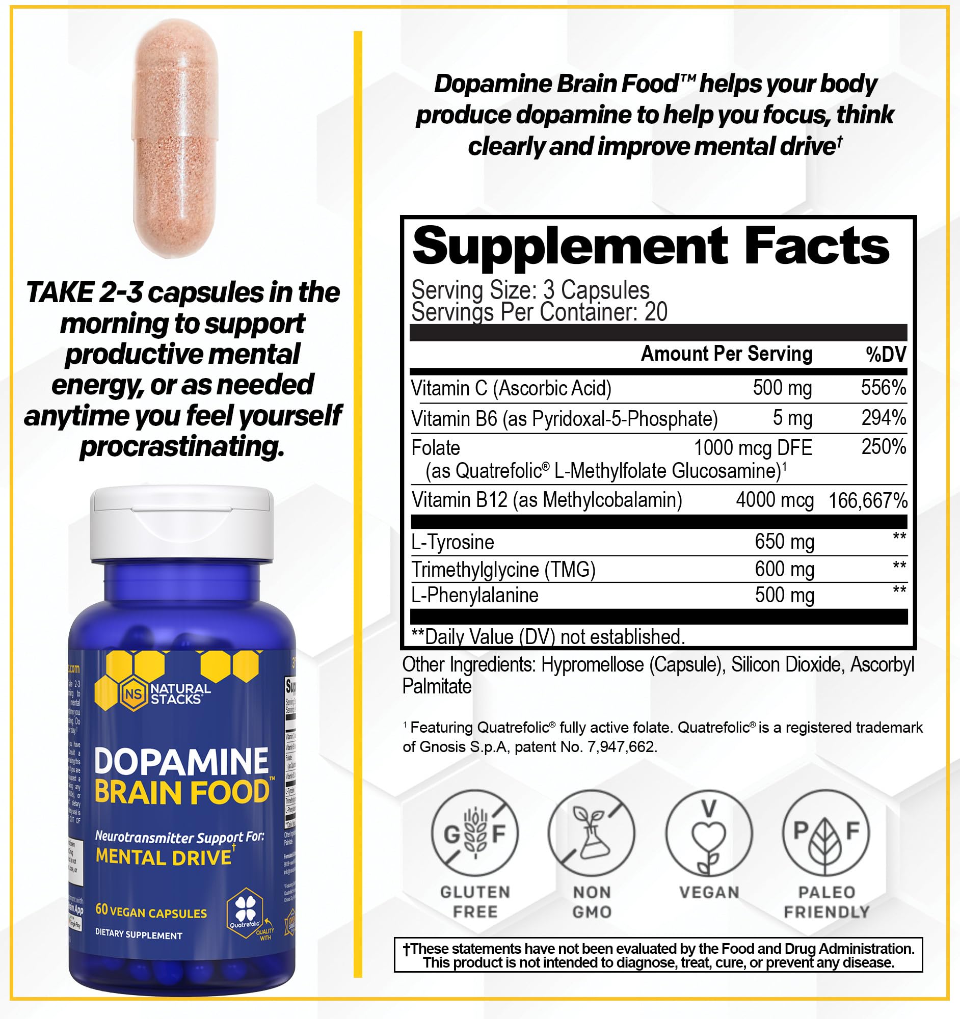 NATURAL STACKS Dopamine Brain Food - 650mg L-Tyrosine Supplement - Dopamine Supplement for Focus & Mental Drive - Supports Mental Energy - Neurotransmitter Support with B Vitamins - 60 Capsules NATURAL STACKS Au supplements