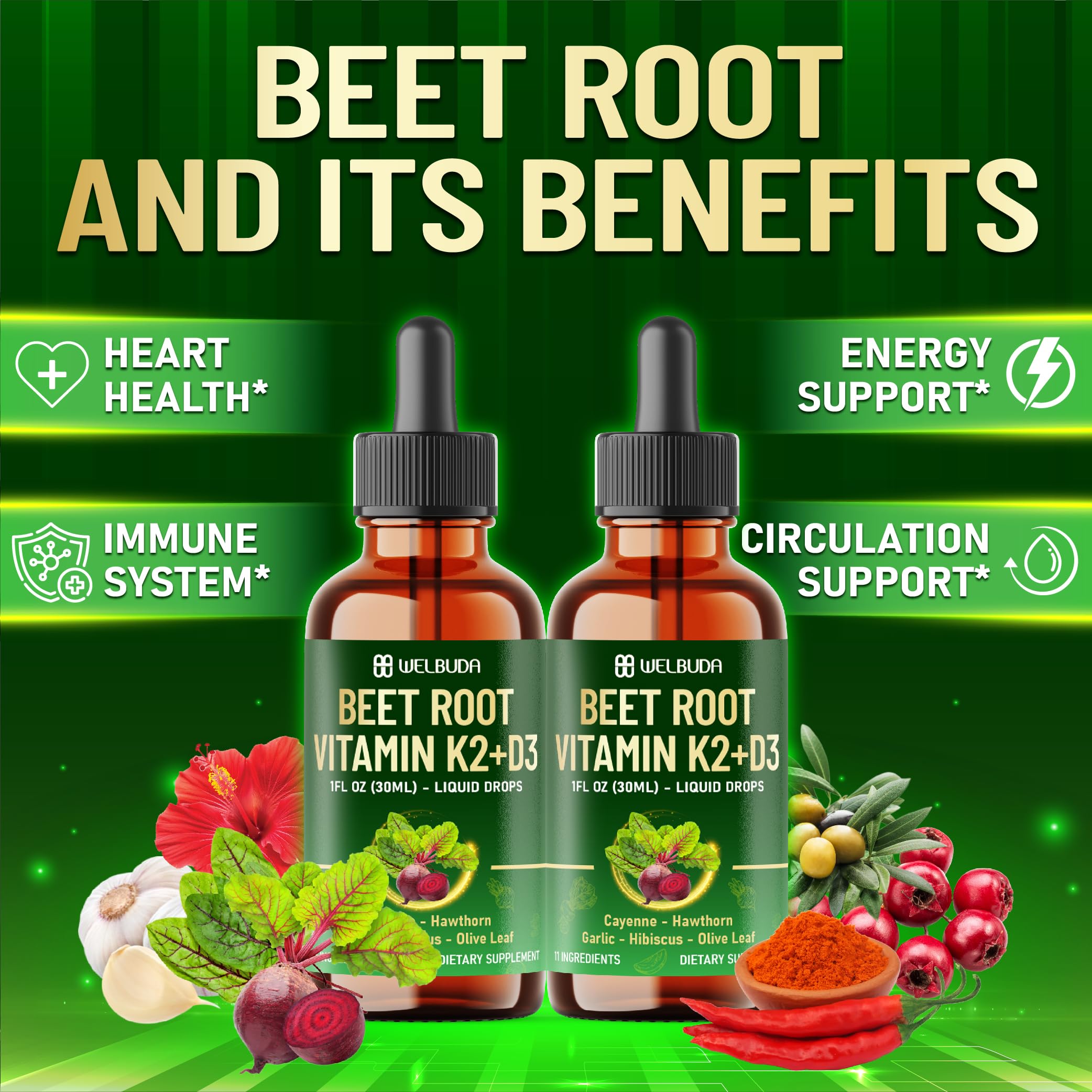 11in1 Beet Root Liquid Supplement - for Support Immune, Energy - with Vitamin D3, Vitamin K2, Hawthorn Berry, Cayenne Pepper, Garlic, Hibiscus, Olive, Red Spinach, Green Tea - 1 FL Oz - 30 Servings WELBUDA Au supplements