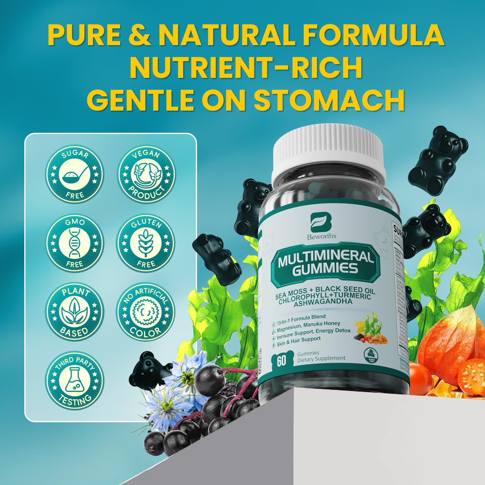 Sea Moss Gummies with Ashwagandha & Chlorophyll, Immune, Digestive and Gut Detox Support, Powered by Black Seed Oil, Vitamin C, Vitamin D & Magnesium, GMO, Vegan, Apple Flavor, 60 SeaMoss Gummies B BEWORTHS Au supplements