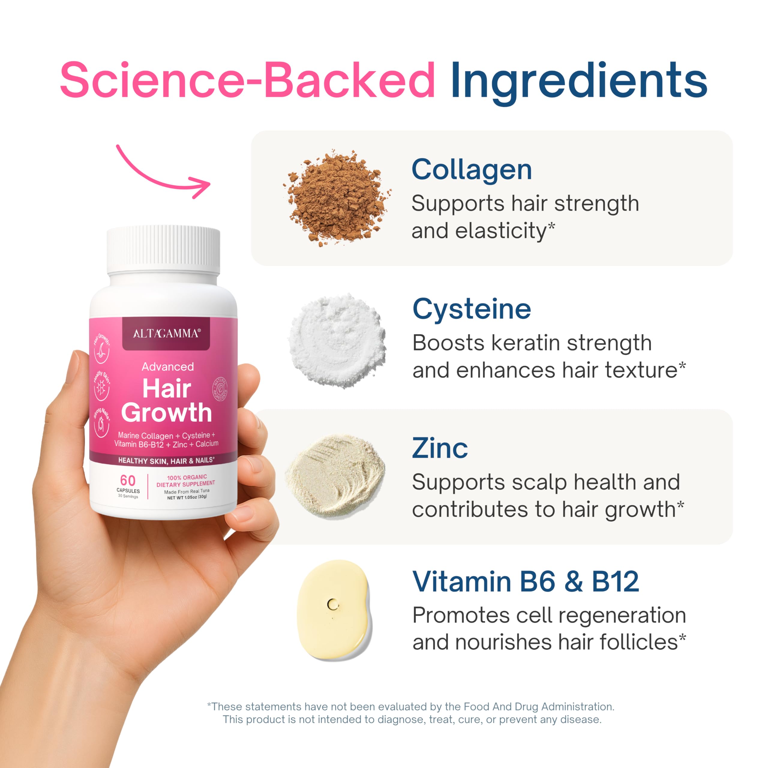 ALTAGAMMA Hair Growth Supplements - Nourishes Thinning, Strengthen Nails & Skin & Combat Hair Loss - Hair Growth Vitamins for Women & Men with Marine Collagen Peptides, 60 Capsules | 30 Day Supply ALTAGAMMA Au supplements