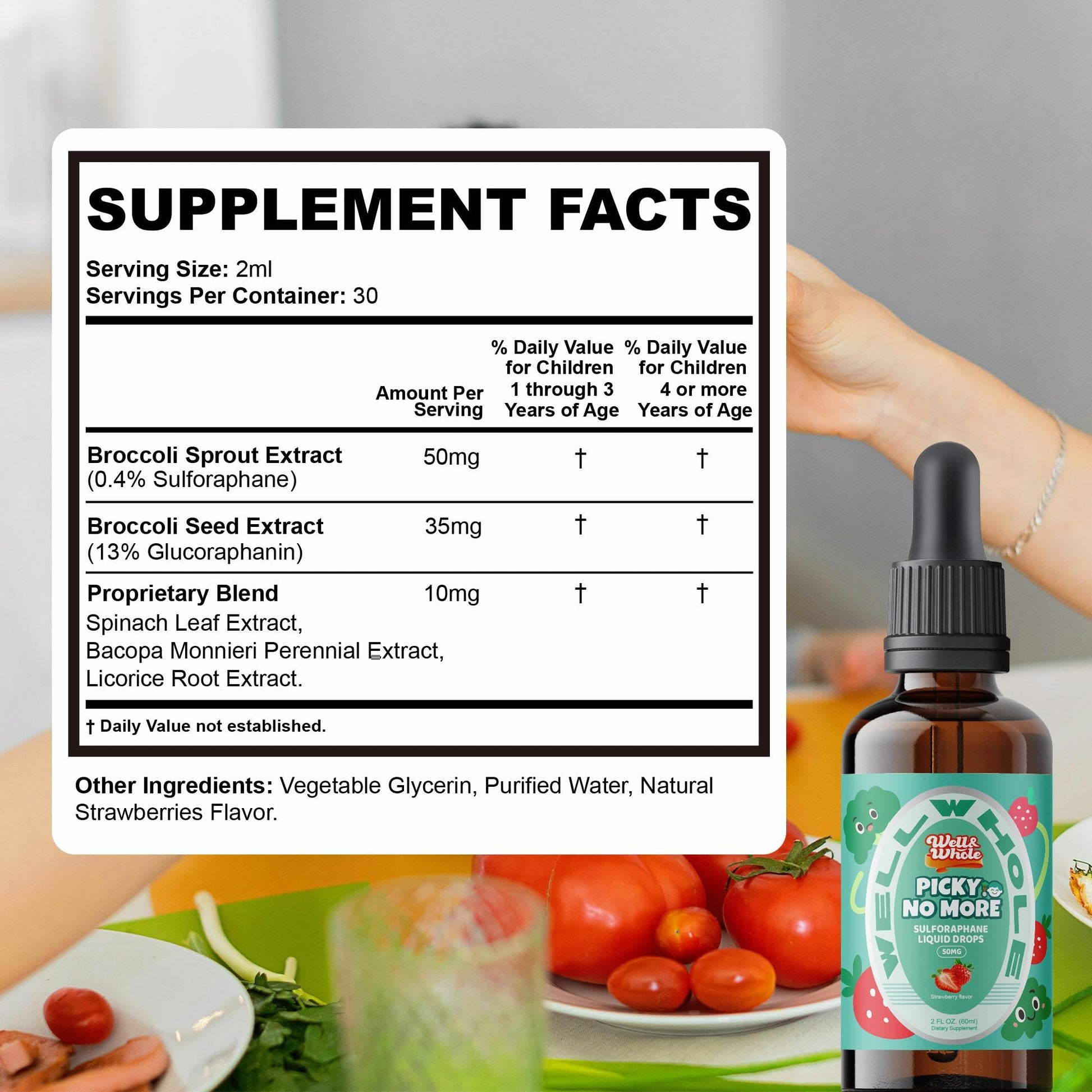 Well&Whole Sulforaphane Kids Liquid Supplement – Pick No More Broccoli Sprout Extract Drops, Hidden Greens for Picky Eaters, Daily Nutrition Support, Sugar-Free, Vegan, 60mL Well&Whole Au supplements