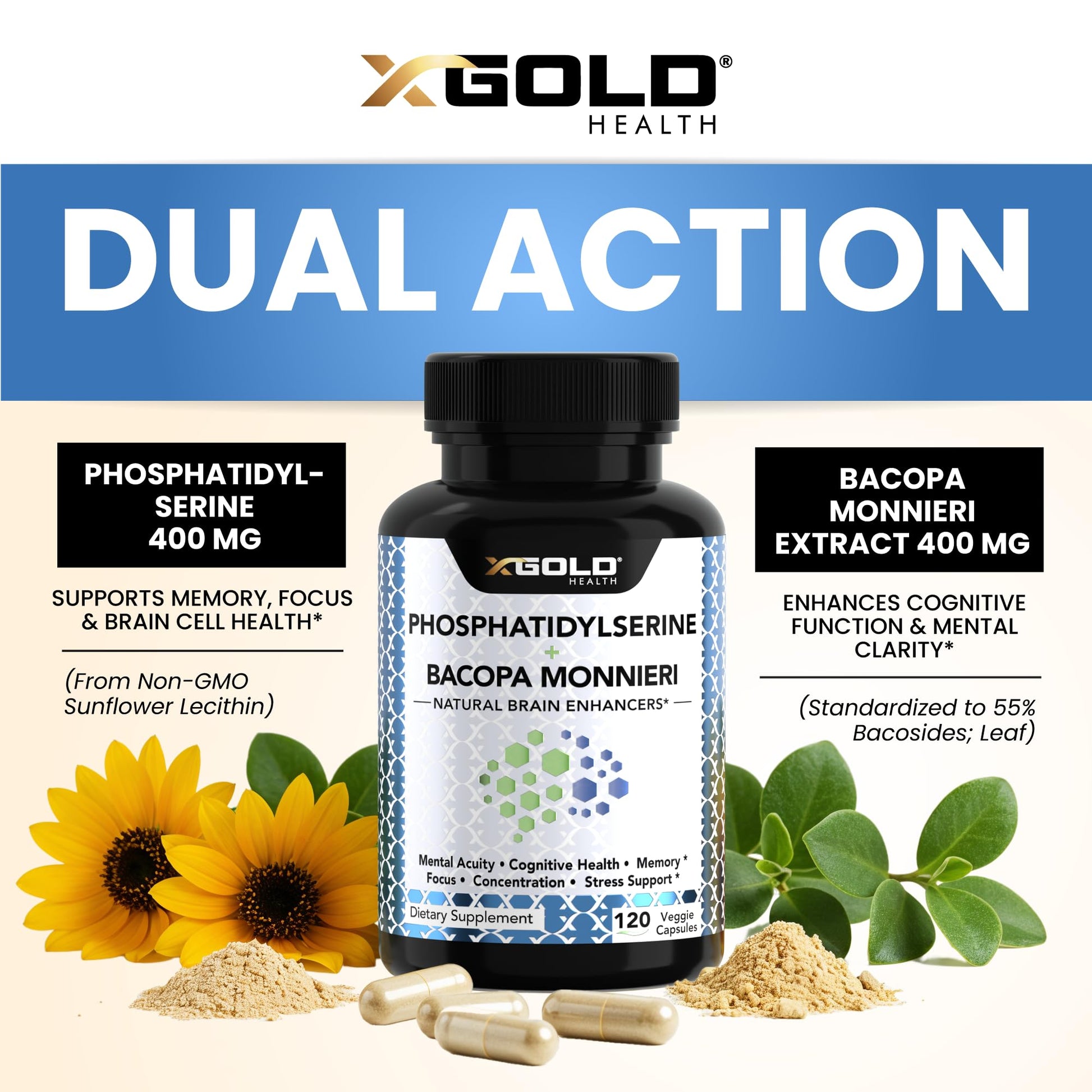 PhosphatidylSerine & Bacopa Monnieri 800 mg 2 in 1 Supplement - Natural Brain Enhancer/Nootropic for Enhanced Focus and Concentration, Memory Support, & Cognitive Function - 120 Vegetarian Capsules X Gold Health Au supplements