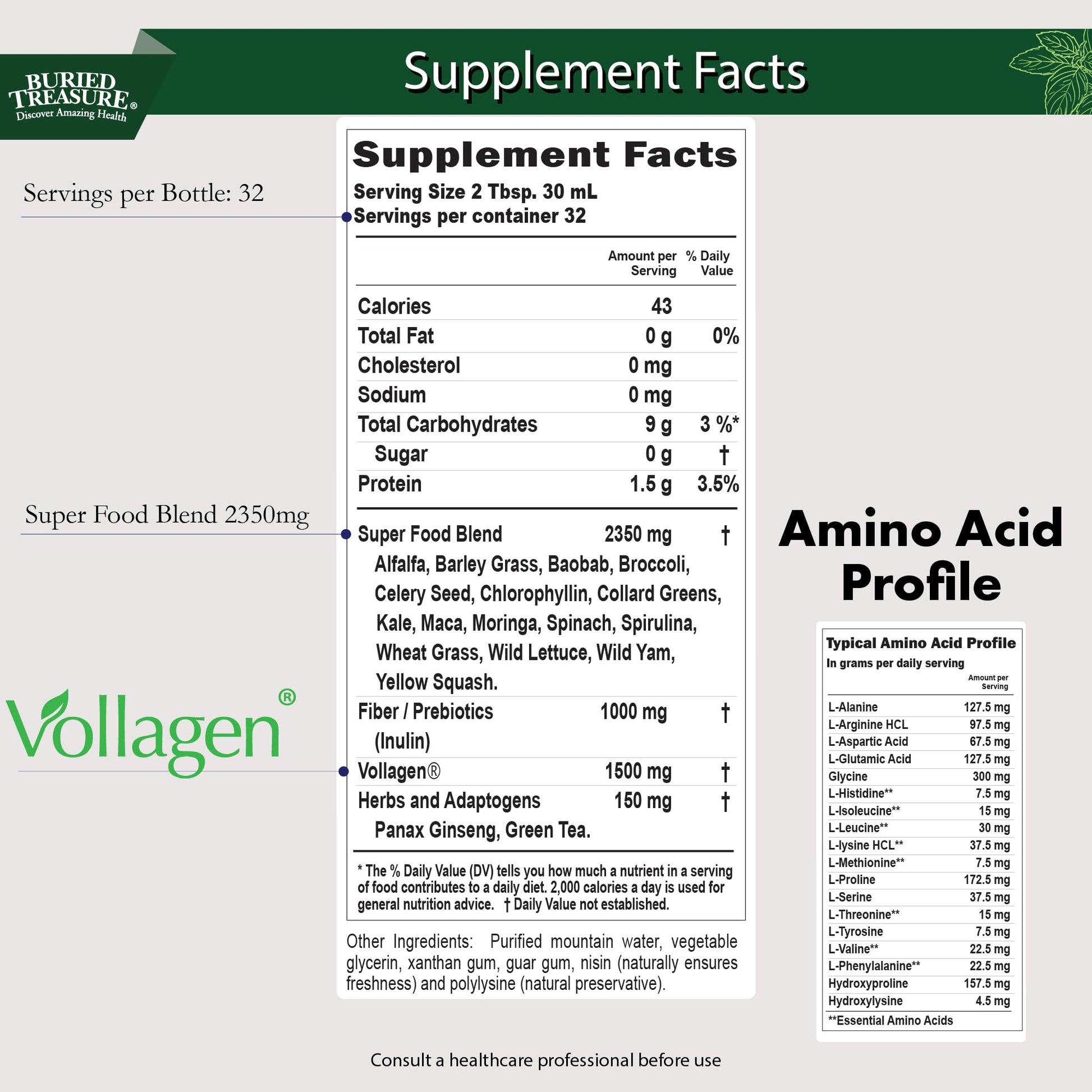 Buried Treasure Green20 Fusion – Superfood Blend with Vollagen for Skin, Hair, and Joint Support, Plant-Based, Vegan, Non-GMO Gluten-Free, Dairy-Free, Soy-Free, 32oz Liquid Buried Treasure Au supplements