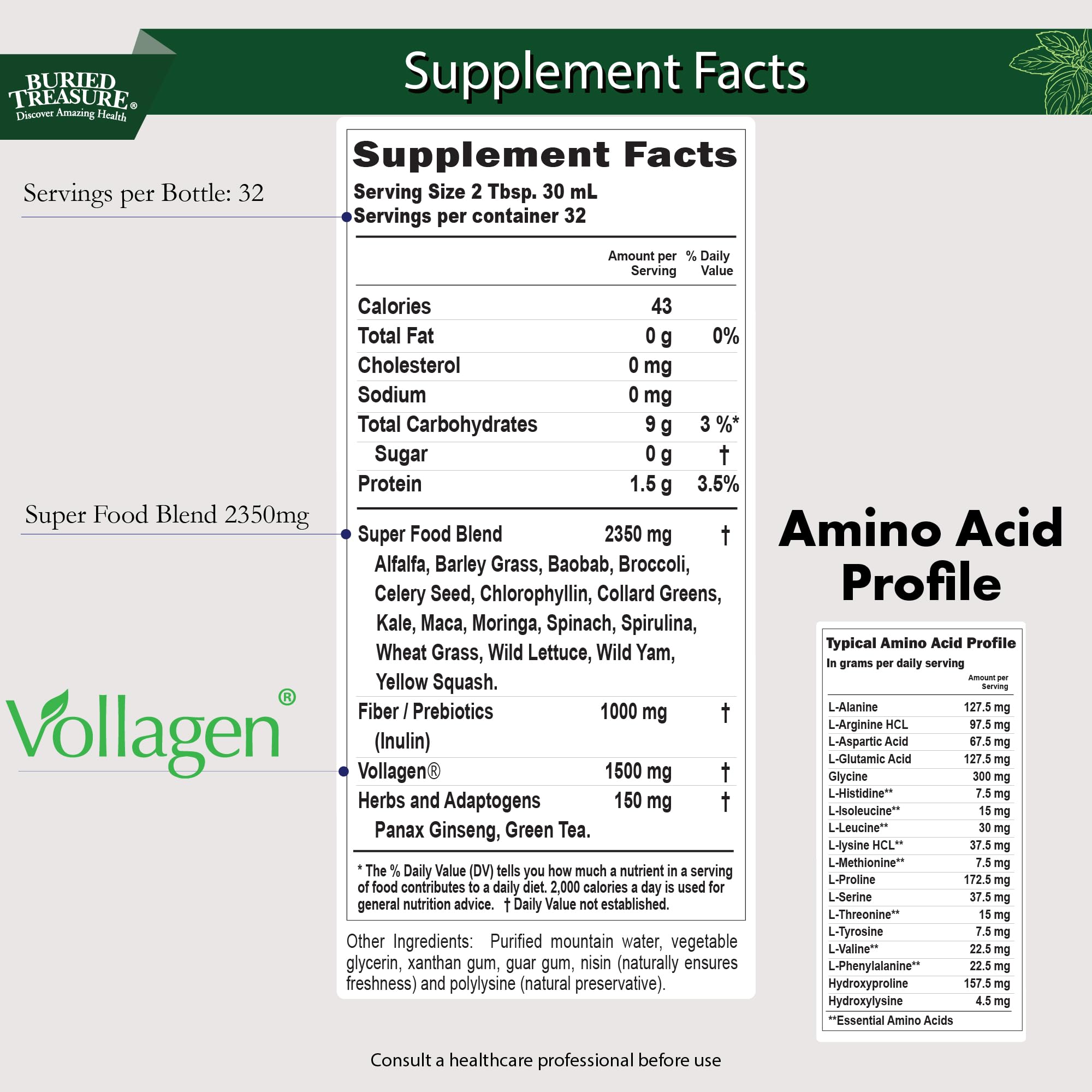 Buried Treasure Green20 Fusion – Superfood Blend with Vollagen for Skin, Hair, and Joint Support, Plant-Based, Vegan, Non-GMO Gluten-Free, Dairy-Free, Soy-Free, 32oz Liquid Buried Treasure Au supplements