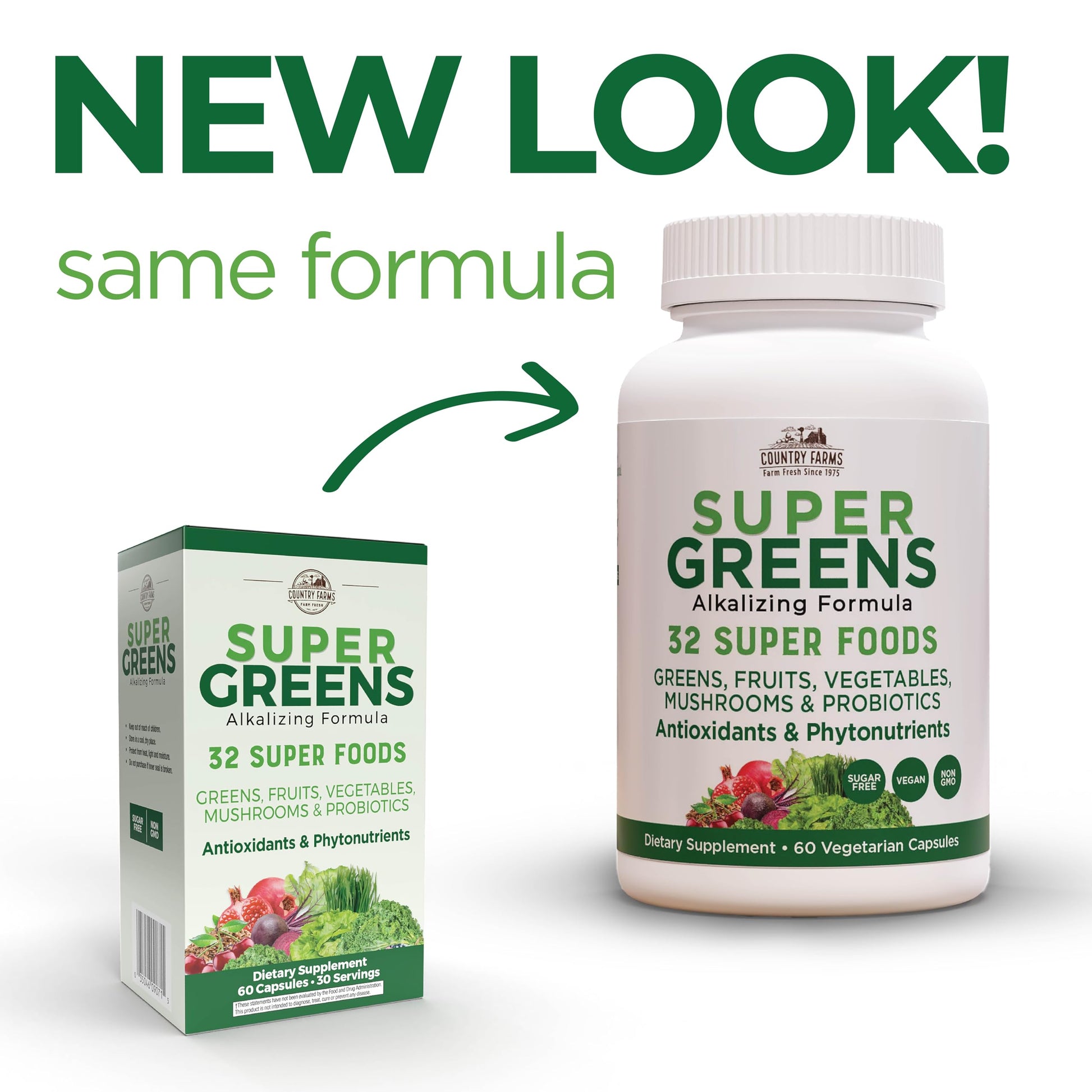 Country Farms Super Greens Vegicaps, 32 Super Foods, Whole Food Supplement, Greens, Fruit, Vegetables, Mushrooms & Probiotics, Rich in Antioxidants & Phytonutrients, 60 Count, 30 Servings Country Farms Au supplements