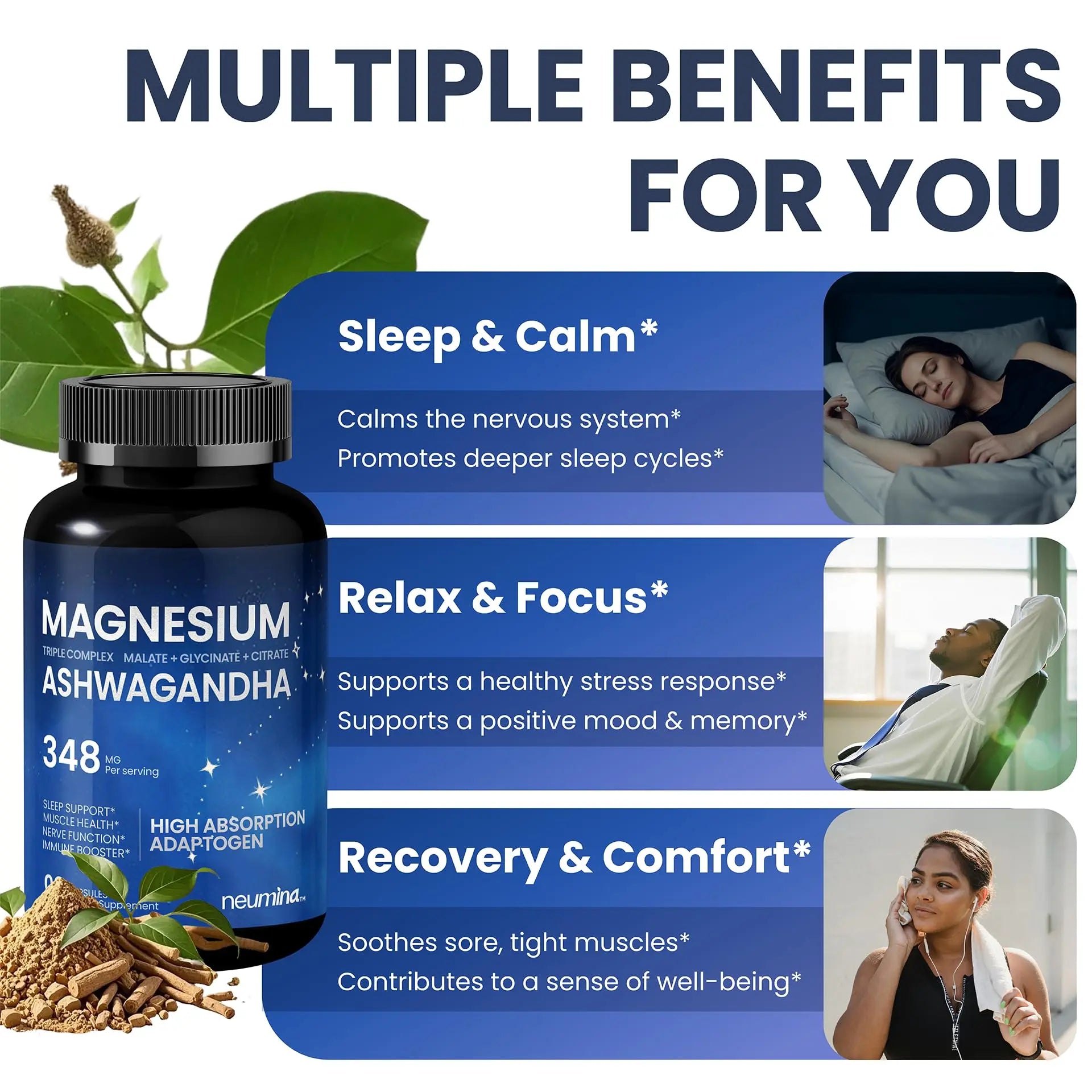 Magnesium Ashwagandha Complex | High-Absorption Multi Magnesium Supports Stress Relief, Sleep, Muscle & Heart Health | Vegan, Non-GMO, Gluten-Free, Made in USA, 90 Capsules((45-Day Supply) NEUMINA Au supplements