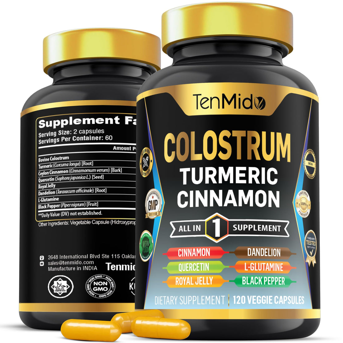 Tenmido Colostrum Supplement - 8in1 Formula - Combine with Turmeric, Ceylon Cinnamon, Quercetin, Royal Jelly, Dandelion, L- Glutamine, and Black Pepper - Digestive Health Support - 120 Capsules Tenmido Au supplements