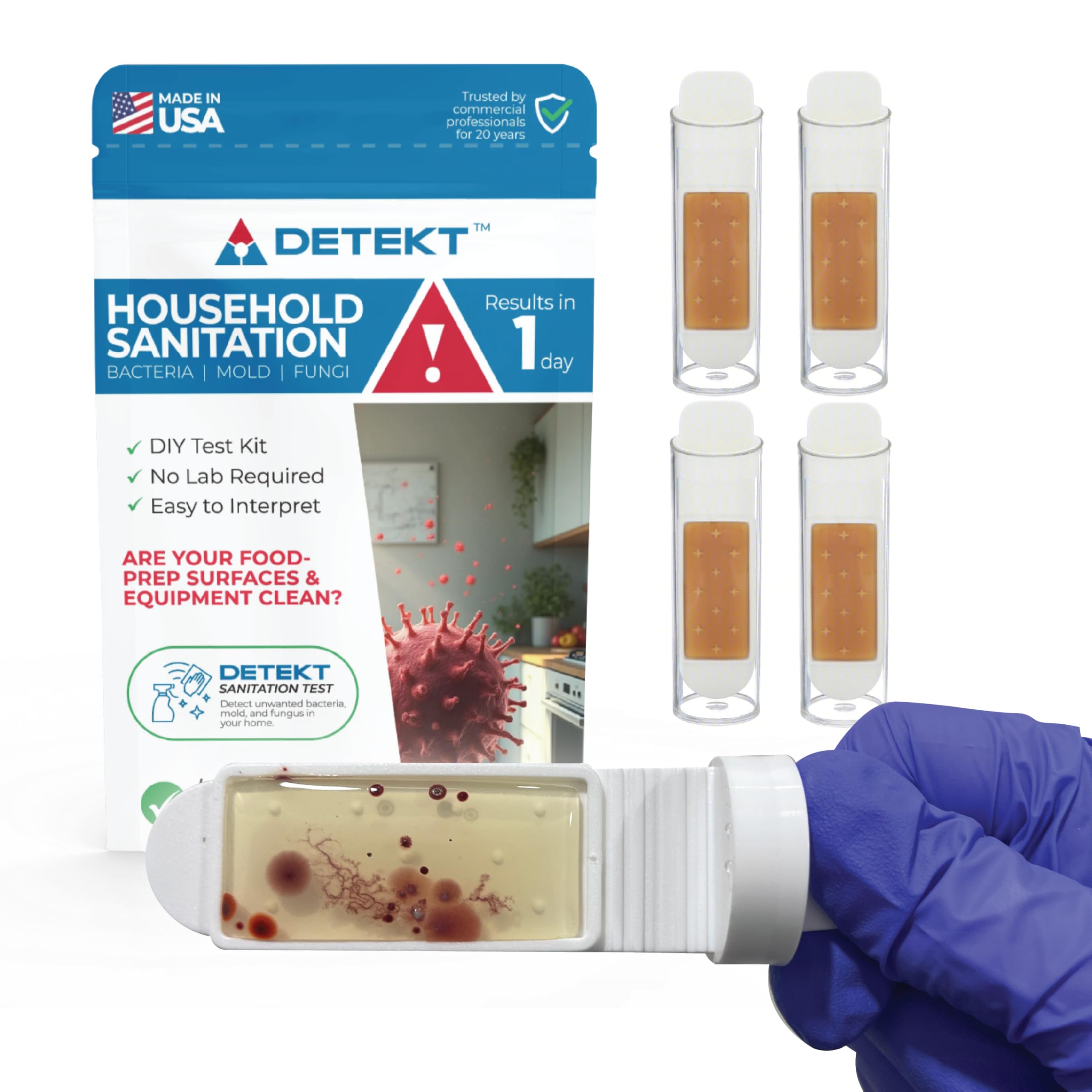 #1 Home, Kitchen, & Appliance Microbial Growth Test Kit – Simple DIY Screening for Bacteria, Mold, & Fungus – Know Your Home is Clean – Made in USA (1 Kit = 4 Bac + 4 Mold Tests) Detekt Au supplements