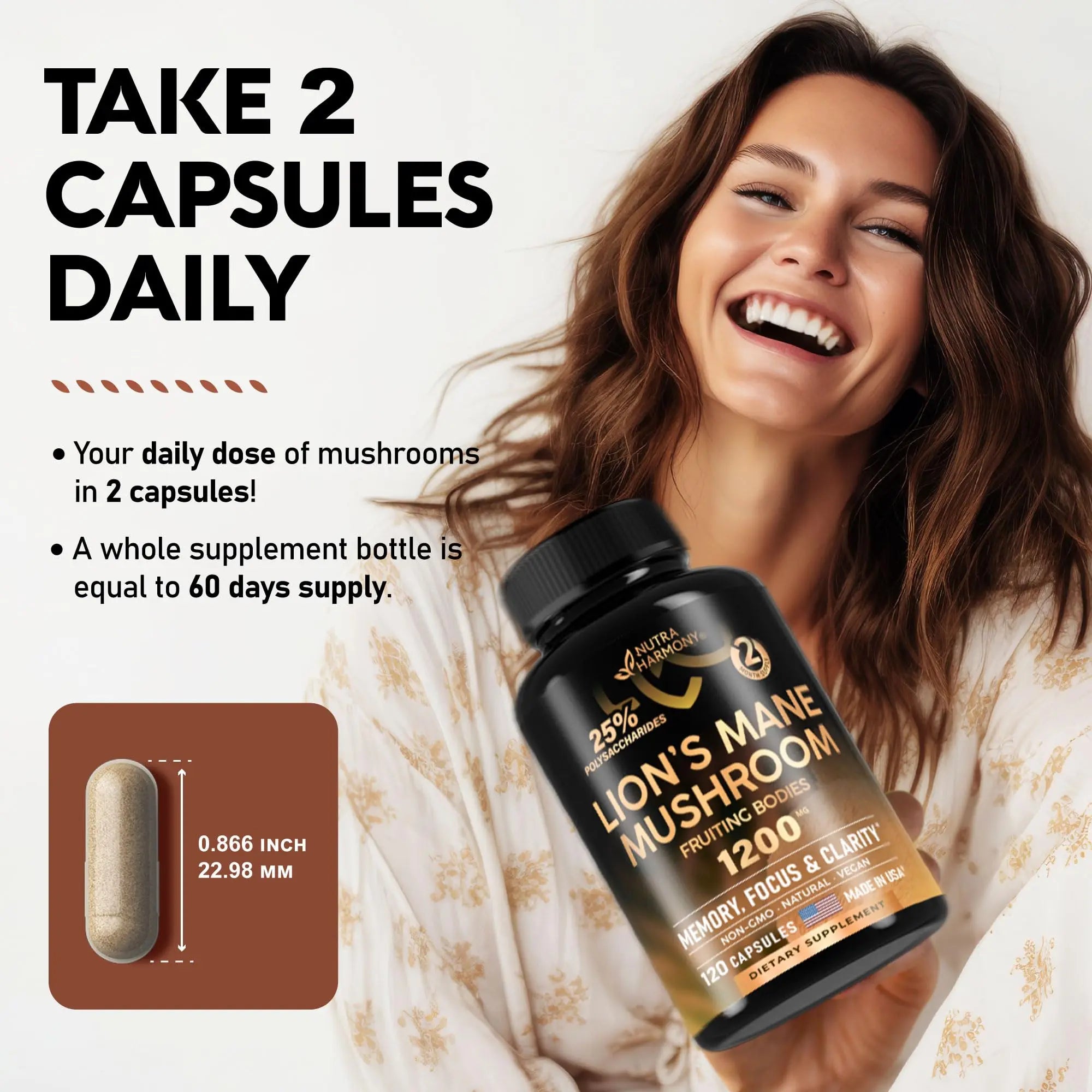Organic Lions Mane - Certified Mushroom Supplement - Made in USA - Fruiting Bodies NUTRAHARMONY Au supplements