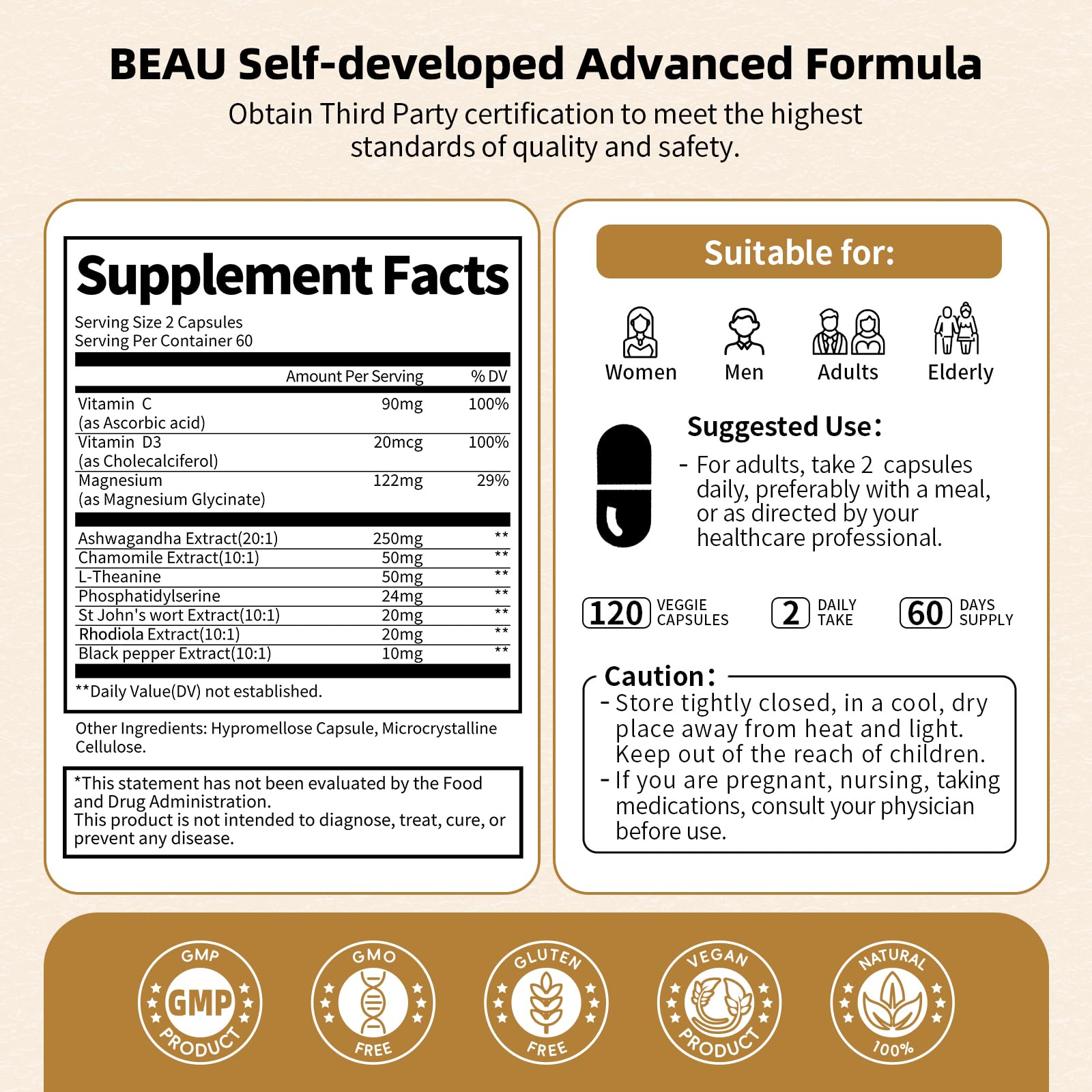 BBEEAAUU Cortisol Supplements for Women & Men - 10-in-1 Cortisol Reducer Manager Detox with Ashwagandha, Magnesium - Lower High Cortisol Levels, Relaxation & Night Support, Non-GMO, 120 Capsules BBEEAAUU Au supplements