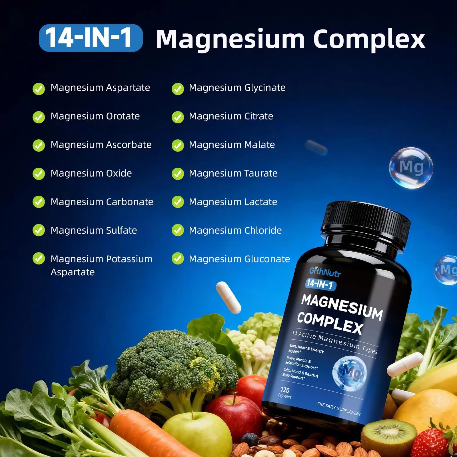 14-in-1 Magnesium Complex Supplement, 1200mg Elemental Magnesium Glycinate, Citrate, Malate, Taurate - Magnesium Complex for Women Nerves, Bone & Heart Health | Non-GMO GrthNutr Au supplements