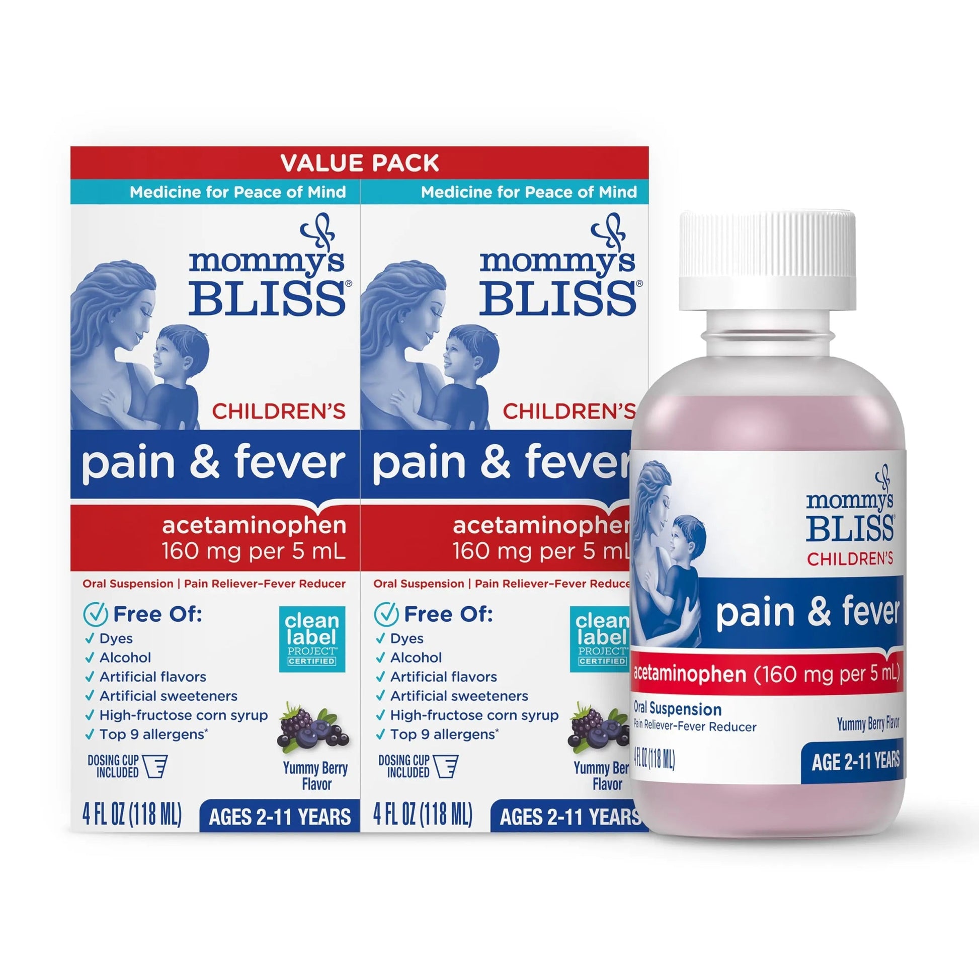 Mommy's Bliss Children's Pain and Fever Reducer, Kids Acetaminophen, Dye Free, Delicious Mixed Berry Flavor, Ages 2+, 4 Fluid Ounces (Pack of 2) Mommy's Bliss Au supplements