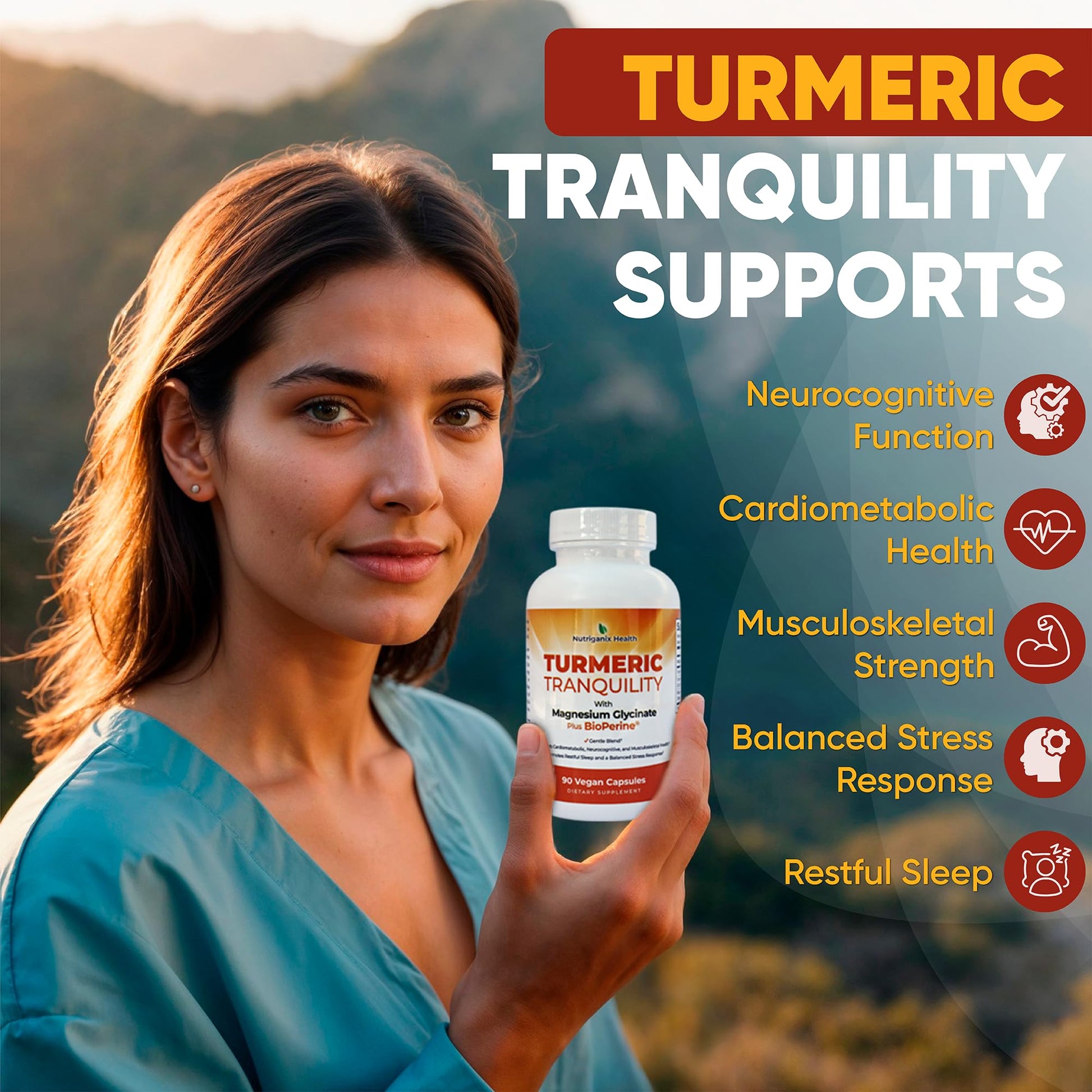 Turmeric Tranquility Turmeric Curcumin & Magnesium Glycinate with BioPerine – Support for Stress Relief, Sleep, Heart Health, Muscles, Metabolism, and Joint Health* - High Absorption - 90 Capsules (1) Nutriganix Au supplements
