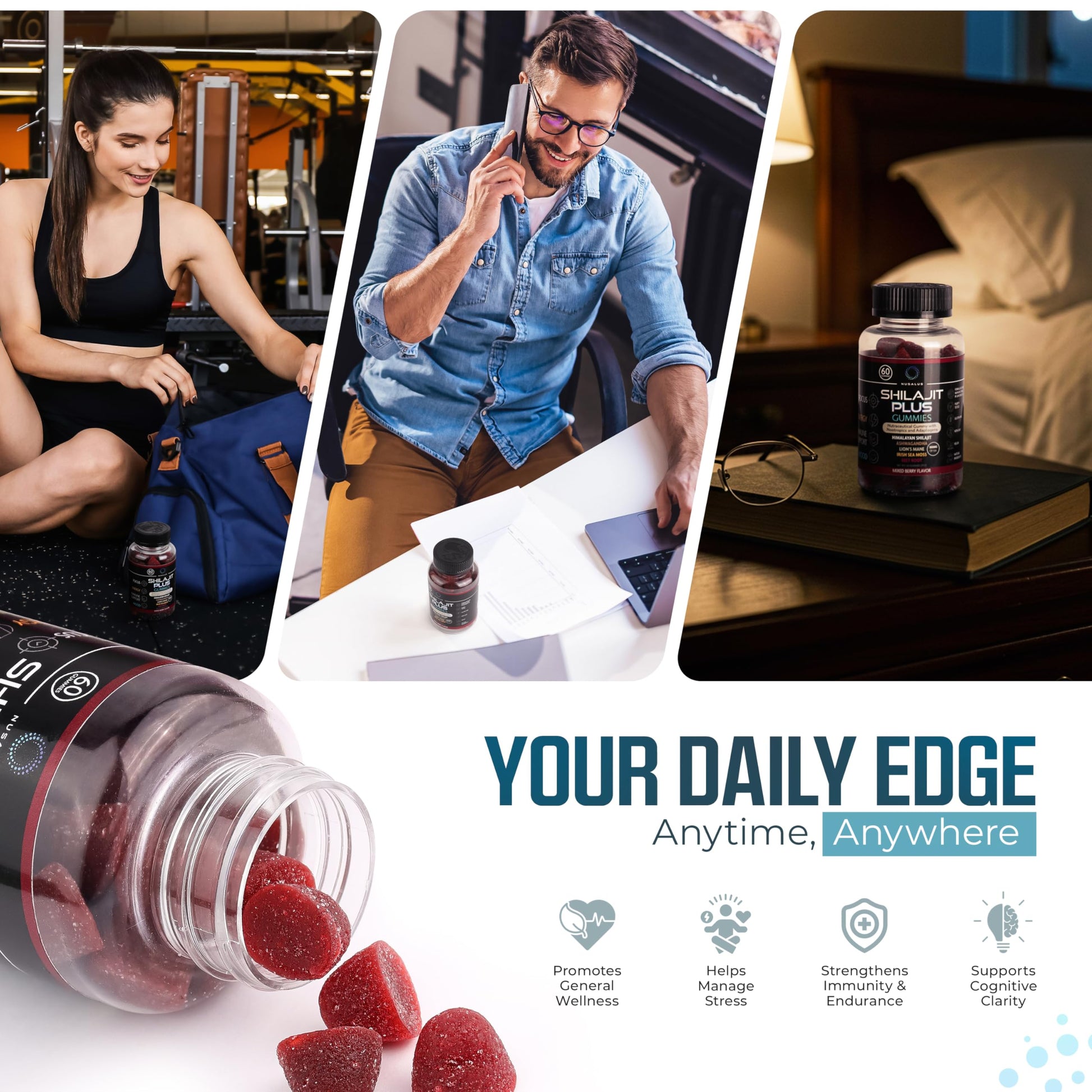 Nusalus Shilajit Plus Gummies – 5-in-1 Adaptogen Energy & Focus Supplement | Shilajit, Ashwagandha, Lion’s Mane, Sea Moss & Beet Root | Natural Energy & Stress Support | Made in USA, Vegan, 60ct Nusalus Au supplements