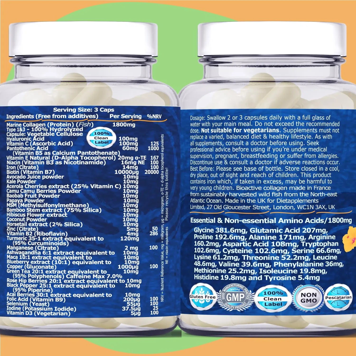 Marine Collagen Type1&3 1800mg, Biotin 10000mcg/serving, Hyaluronic Acid, Vitamins, Minerals, Botanicals Dietapplements Au supplements