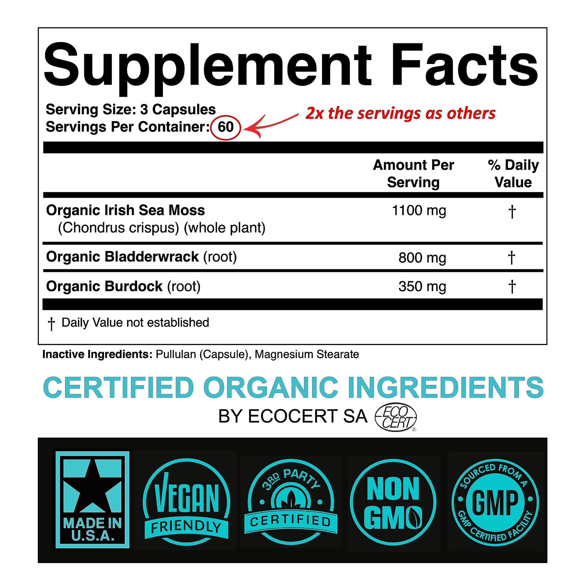 SPARTIS Certified Organic Sea Moss Capsules 2250mg Wildcrafted Irish Sea Moss Burdock Root Bladderwrack Supplement Raw Seamoss Pills & Powder (Pack of 1 at 180-Caps) SPARTIS Au supplements