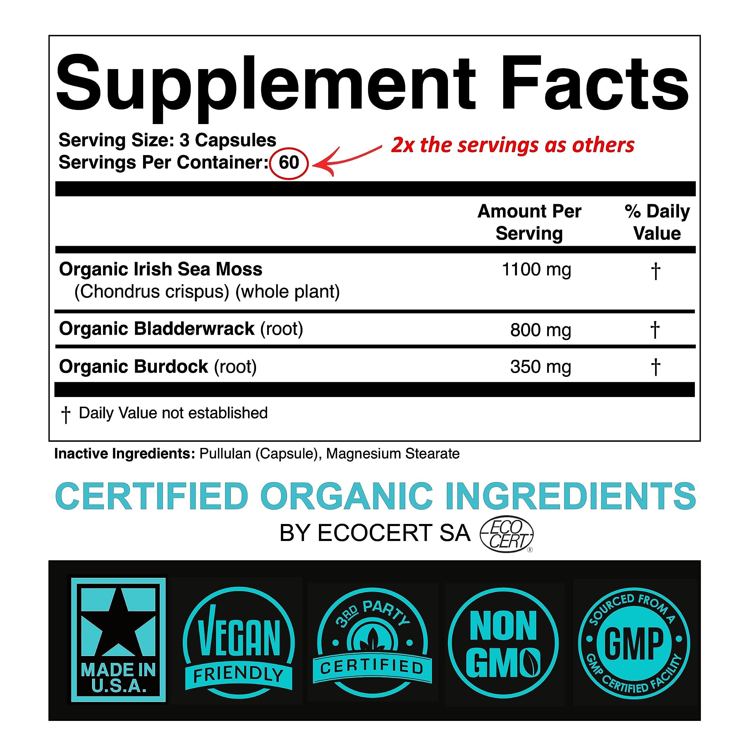 SPARTIS Certified Organic Sea Moss Capsules 2250mg Wildcrafted Irish Sea Moss Burdock Root Bladderwrack Supplement Raw Seamoss Pills & Powder (Pack of 1 at 180-Caps) SPARTIS Au supplements