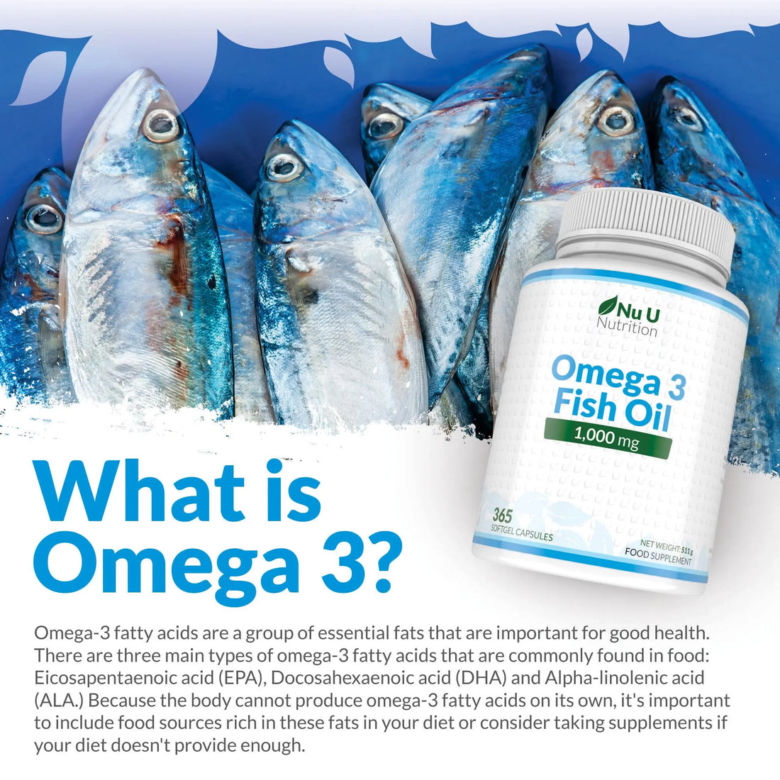 Omega 3 Fish Oil 1000mg - 365 Softgel Capsules - Up to 12 Month’s Supply - Pure Fish Oil Nu U Nutrition Au supplements