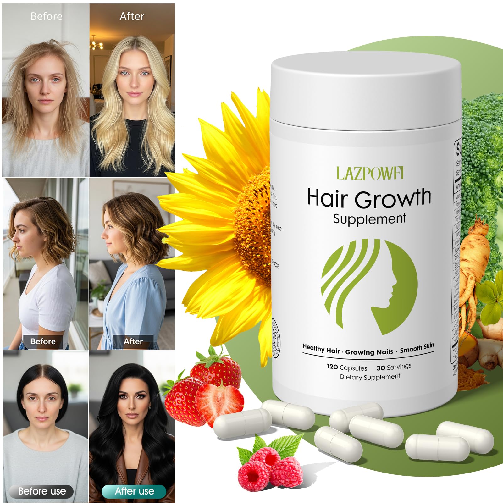 Lazpowfi Hair Growth Supplement, Biotin 10000mcg, 32-in-1 with Vitamin A, B3, C, Magnesium, Calcium, Hair Growth Products, Supports Hair & Nails Natural Growth Vitamins, for Women & Men - 30 Servings Lazpowfi Au supplements