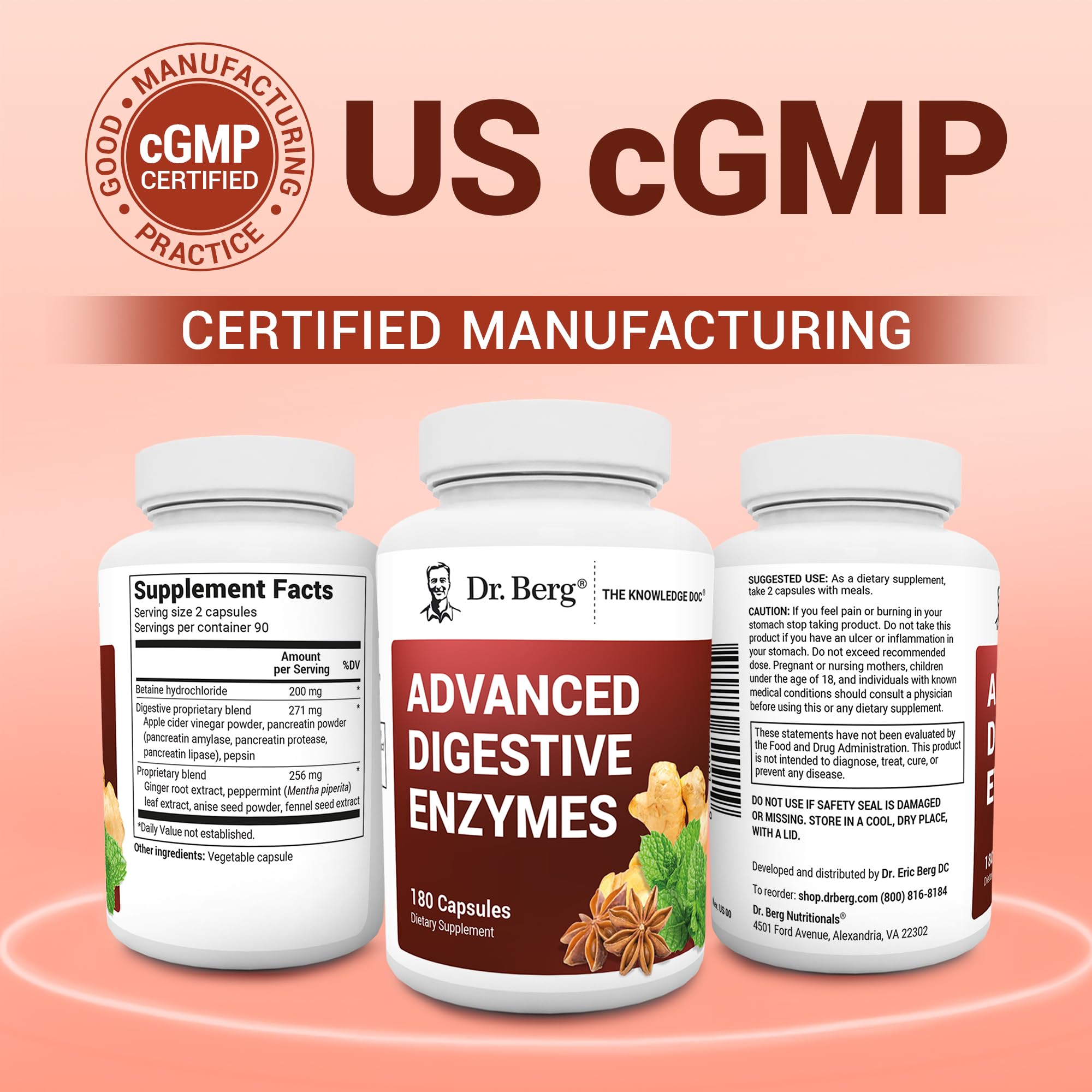 Dr. Berg Advanced Digestive Enzymes with Apple Cider Vinegar - Includes Digestive Health Ingredients Like Betaine Hydrochloride (HCI), Ginger Root & Peppermint Leaf - 180 Capsules Dr. Berg Nutritionals Au supplements