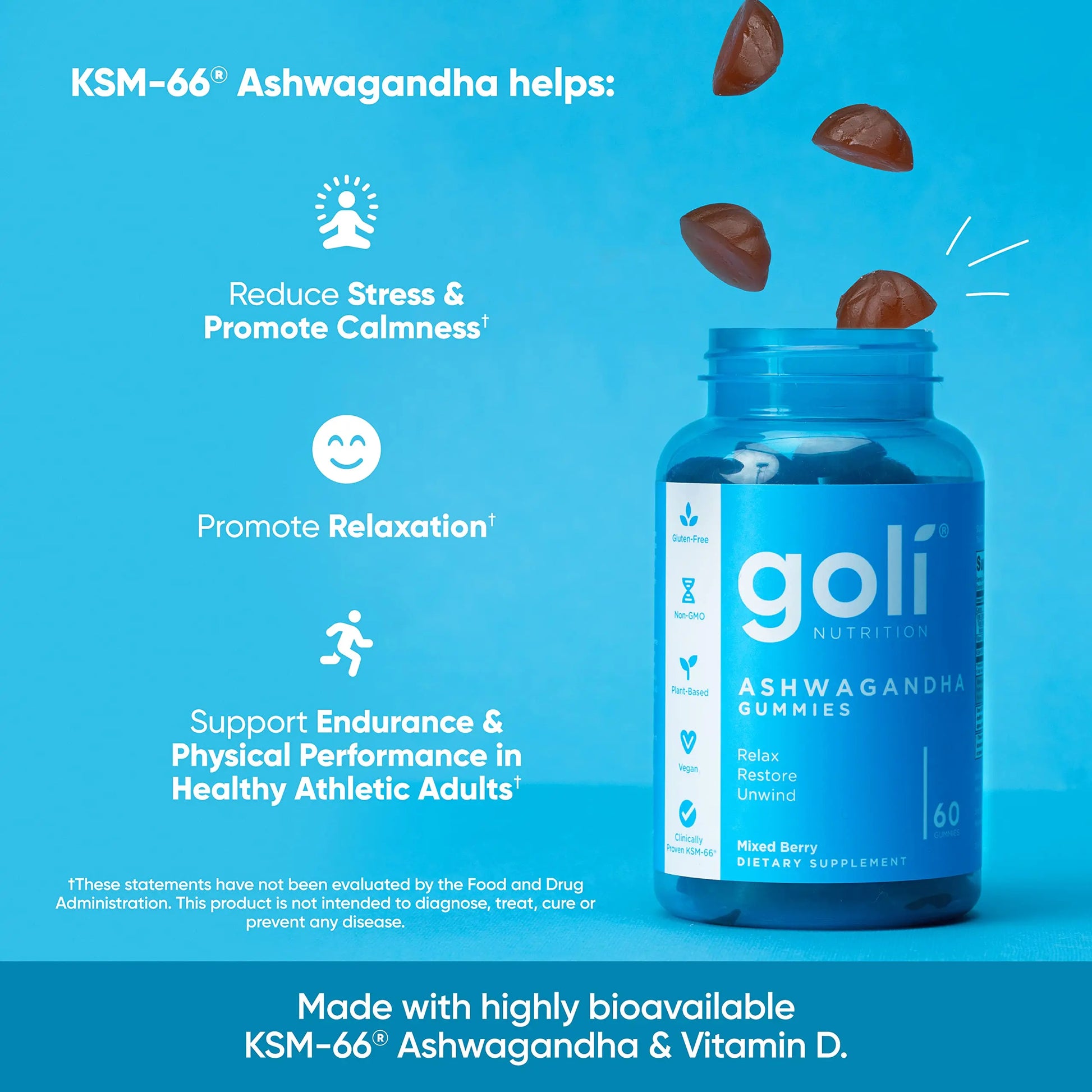 Goli Ashwagandha & Vitamin D Gummy - 180 Count - Mixed Berry, KSM-66, Vegan Goli Au supplements