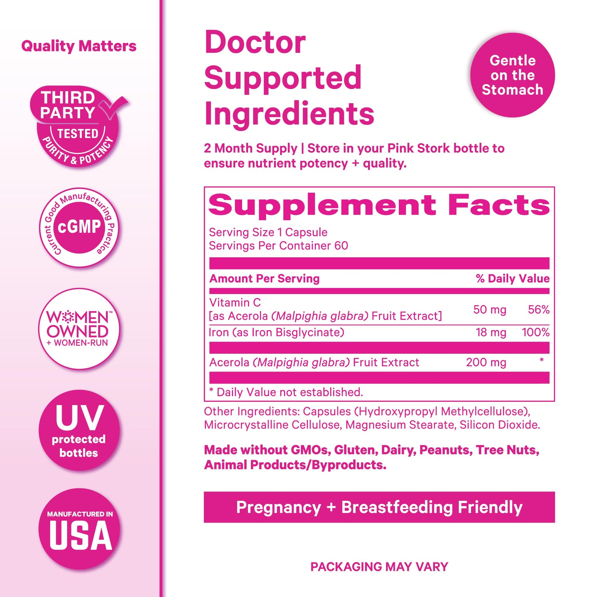 Pink Stork Iron for Women – 18 mg Non-Constipating Iron Bisglycinate + Vitamin C for Optimal Absorption – Energy, Focus, & Oxygen Supply – PMS, Pregnancy, Postpartum & Perimenopause - 60 Capsules Pink Stork Au supplements