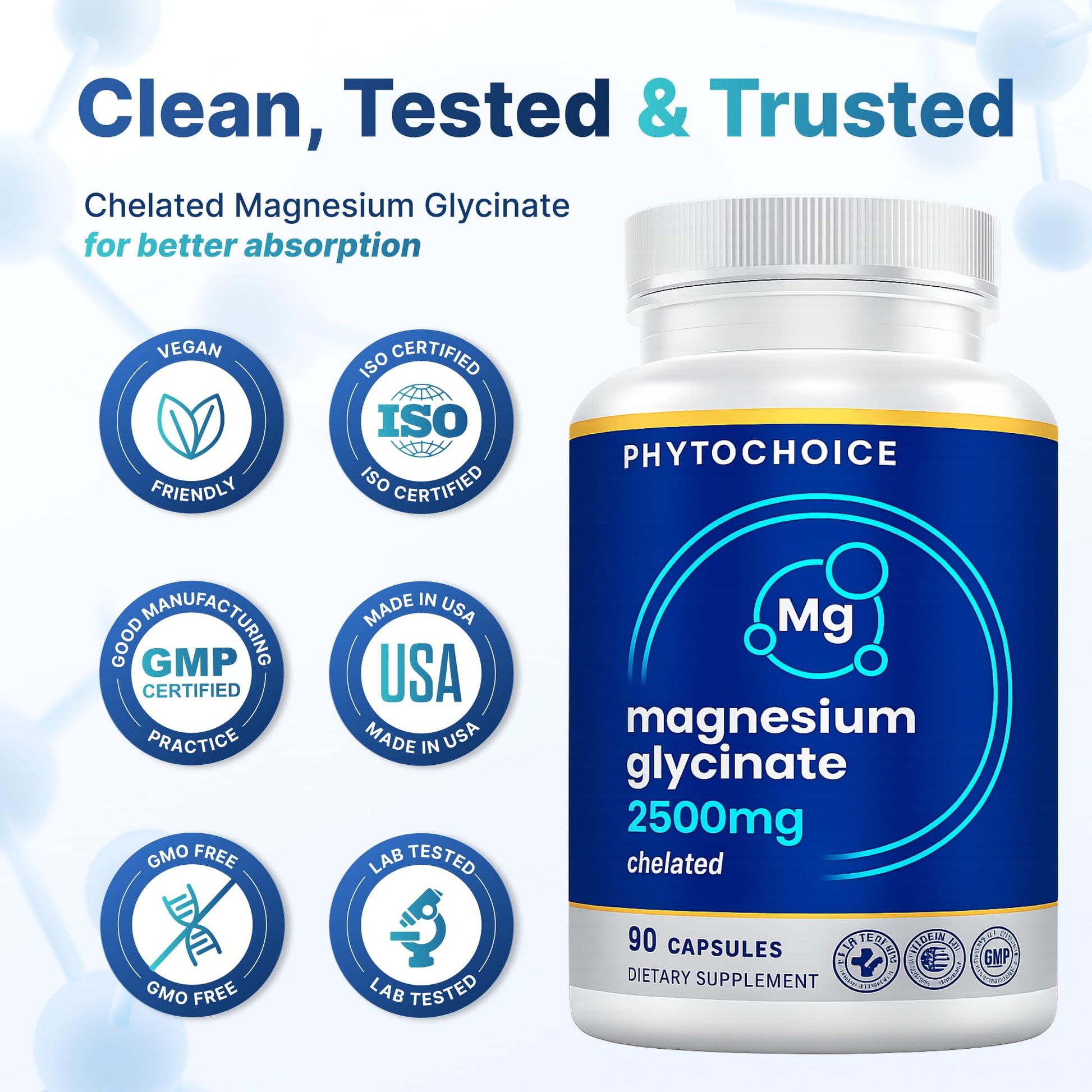 Magnesium for Sleep & Recovery – High Potency 2500mg Magnesium Glycinate for Men & Women, Chelated for High Absorption, Supports Deep Rest, Nerve & Muscle Recovery, Made in USA, 1 Month Supply PHYTOCHOICE Au supplements