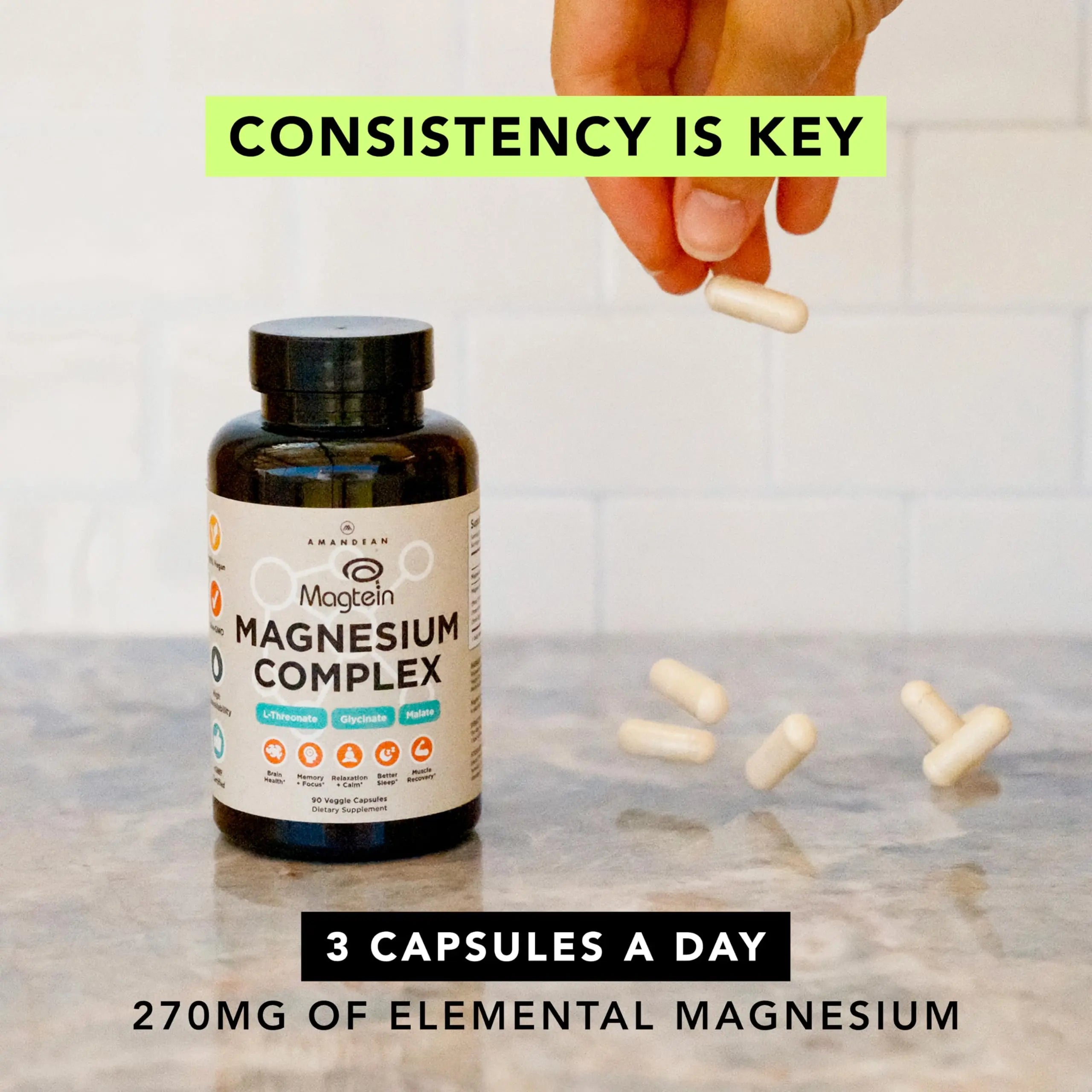 AMANDEAN Magtein Magnesium Complex. L-Threonate, Glycinate, Malate Triple Blend Chelated Magnesium Supplement. 90 Veggie Capsules. High Absorption Branded Ingredients. Brain Health, Sleep, Calm*. AMANDEAN Au supplements