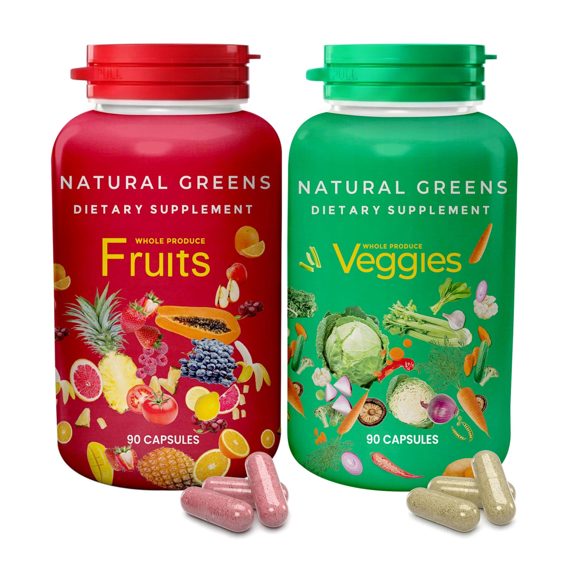 Fruits and Veggies Whole Produce Dietary Supplement with Superfood Fruits and Vegetables for Men, Women and Kids, 90 Fruit Capsules, 90 Veggie Capsules - 1 Set NATURAL GREENS Au supplements