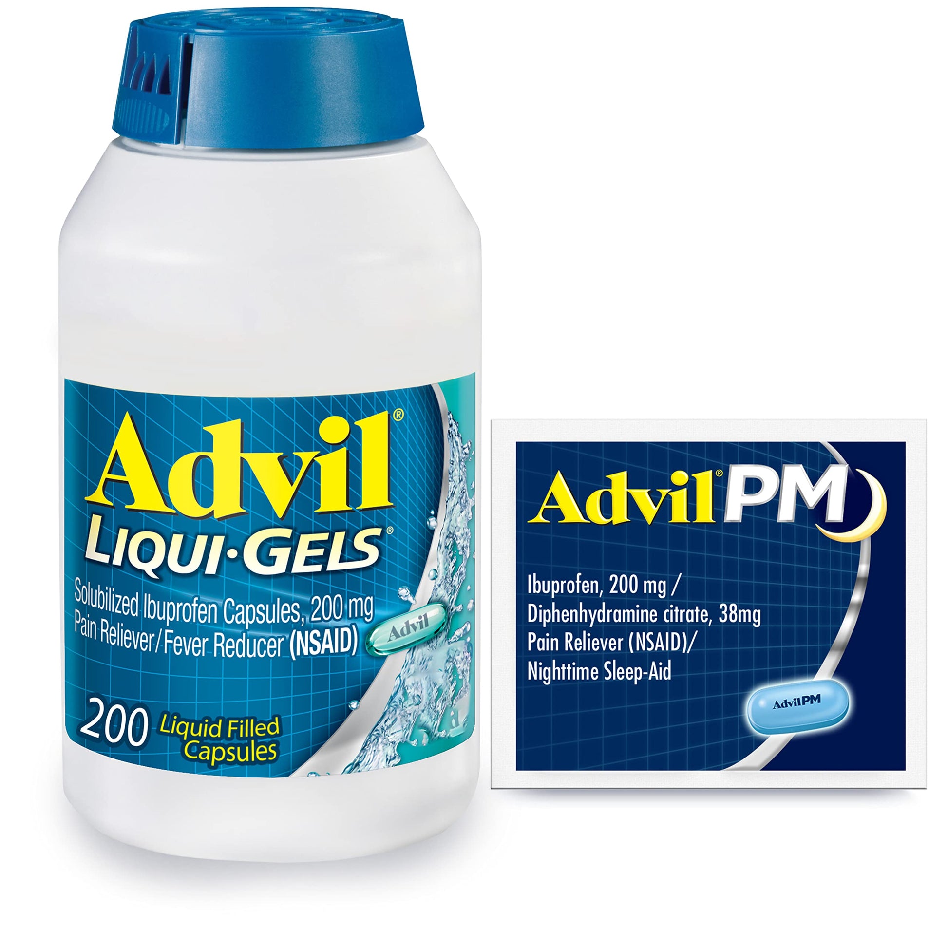 Advil Liqui-Gels Pain Reliever and Fever Reducer, Pain Medicine for Adults with Ibuprofen 200mg for Headache, Backache, Menstrual Pain and Joint Pain Relief - 200 Capsules, Advil PM Ibuprofen - 2 Ct Advil Au supplements