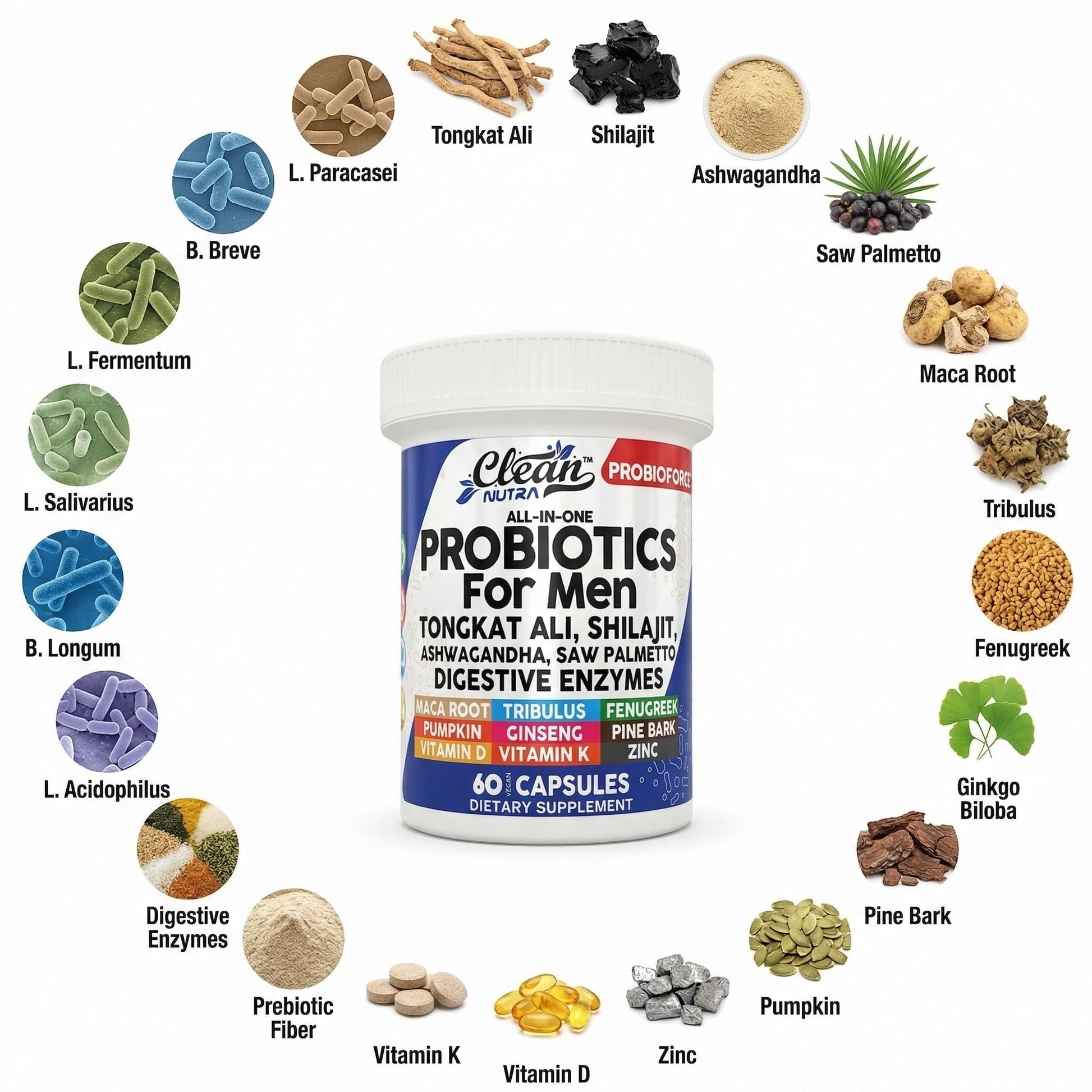 Clean Nutra Probiotics for Men | Tongkat Ali, Saw Palmetto, Tribulus, Ginseng, Ashwagandha, Maca, Pumpkin, Gingko Biloba, Pine Bark, Fenugreek, Shilajit, Zinc - Mens Probiotic 60 Capsules Clean Nutraceuticals Au supplements