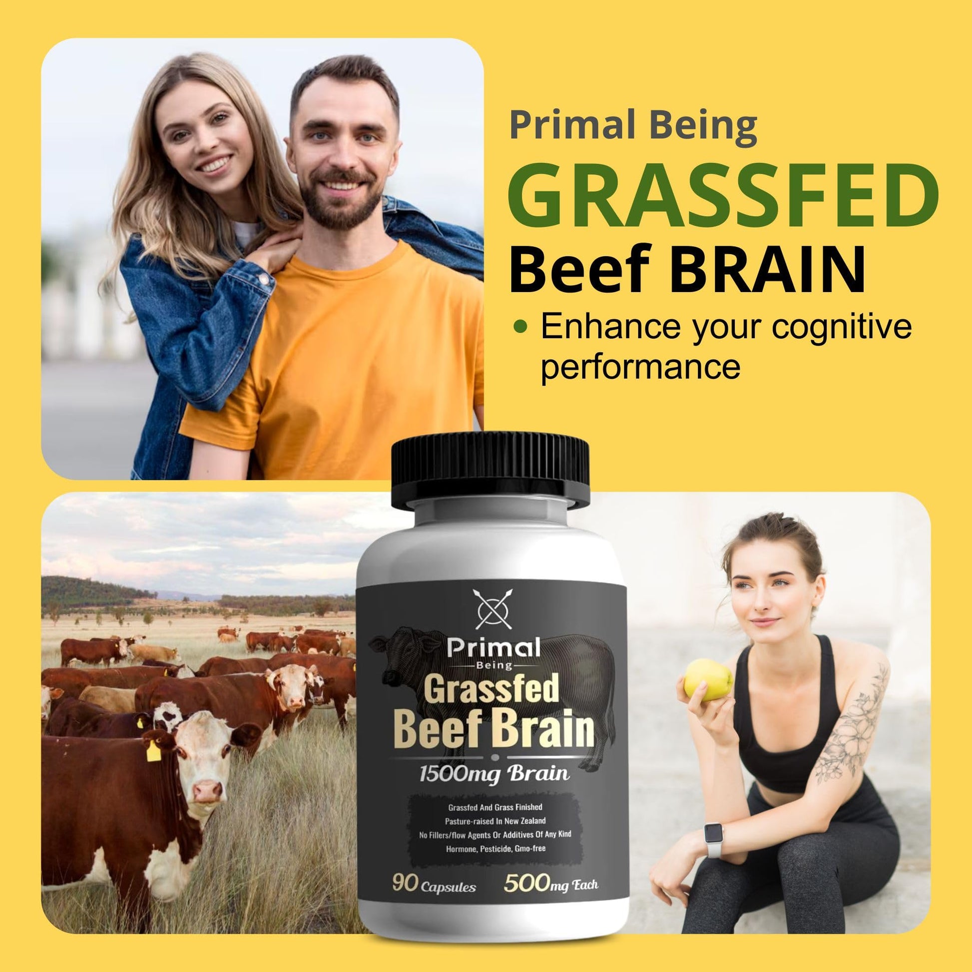 Primal Being Grassfed Beef Brain, Supports Memory, Mood, Focus, Energy, Cognitive Health - 90 Capsules, 1500mg per Serving Primal Being Au supplements