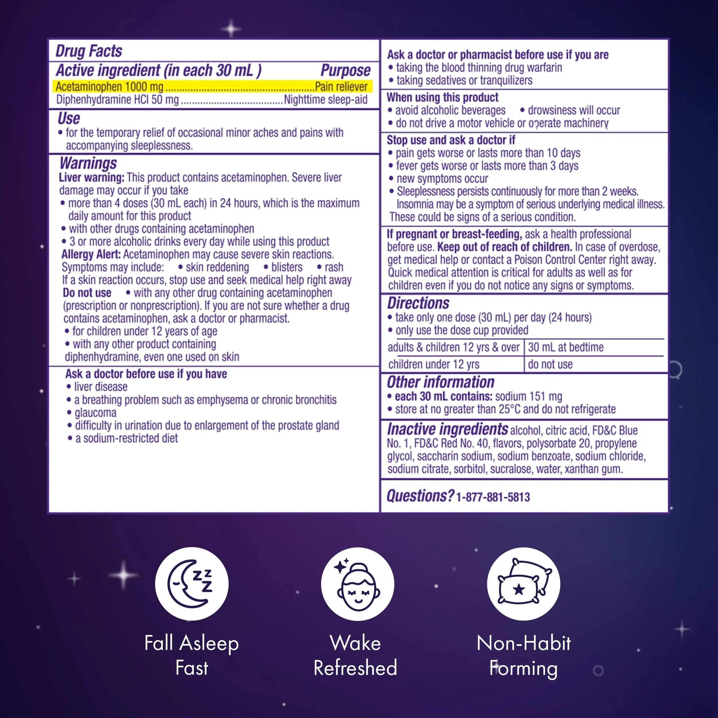 ZzzQuil Liquid, Max Strength Pain Reliever, Nighttime Sleep Aid Liquid, Acetaminophen 1000mg, Diphenhydramine 50mg HCI, Non-Habit Forming, Midnight Berry Flavored, 2 Pack, 24 FL OZ ZzzQuil Au supplements
