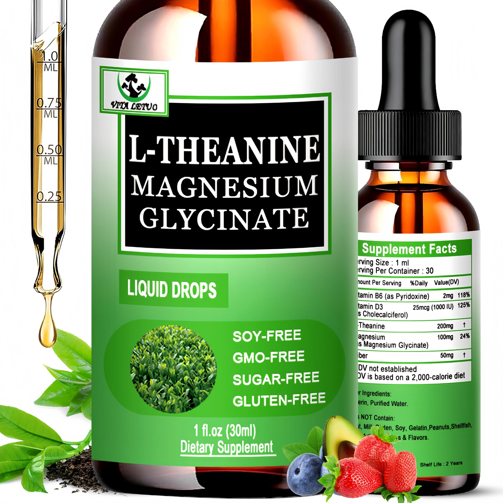 L Theanine Drops, Liquid L-Theanine Supplement 200mg w/Magnesium Glycinate,Vitamins,Fiber for Relaxation,Sleep,Digestion, Calm,High Absorption Mood Support for Adults & Kids,Plant Based,Non-GMO Vita letuo Au supplements