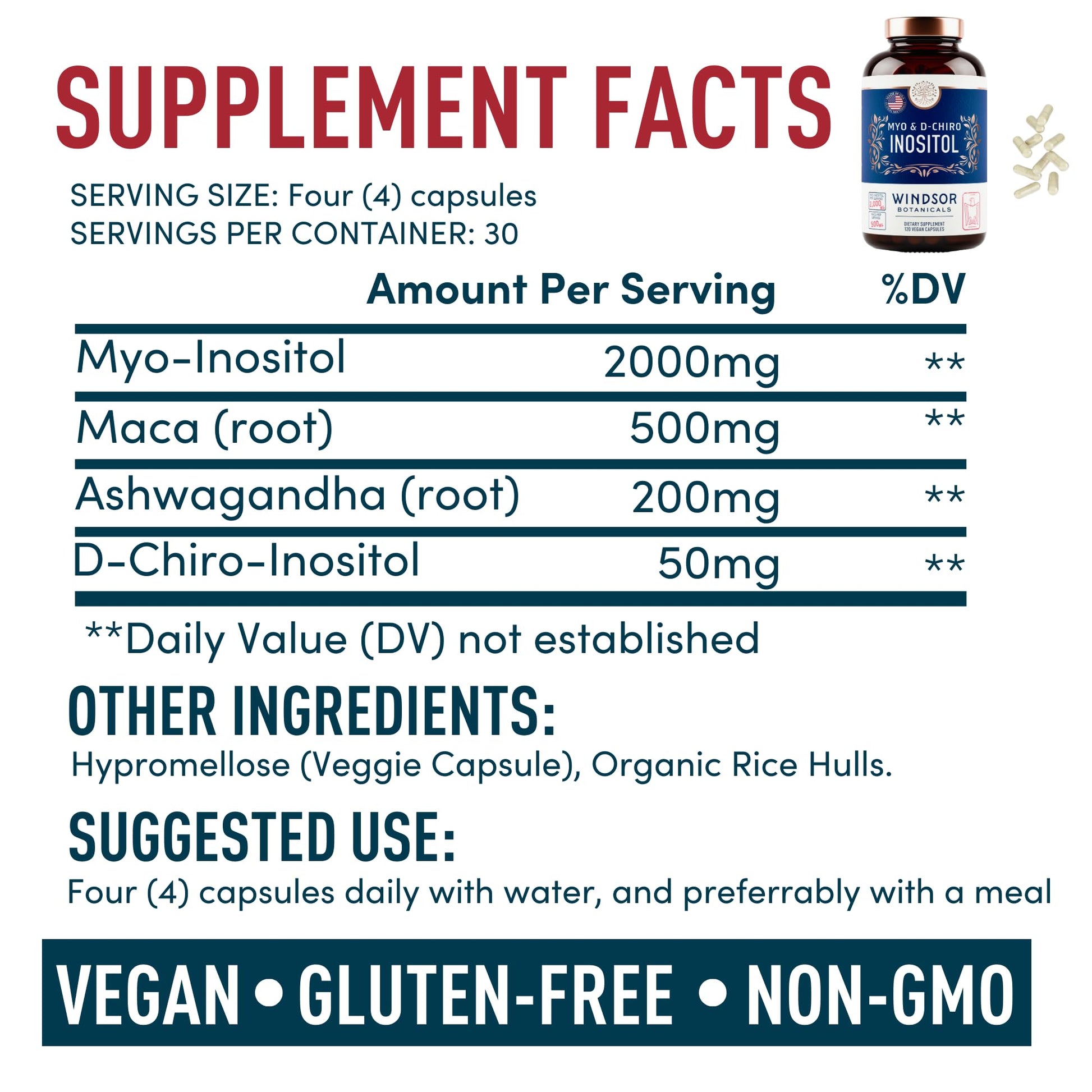 Myo-Inositol & D-Chiro Inositol 40:1 Ratio 2,000 mg - PCOS Supplements with Maca Root & Ashwagandha - Ovarian Health Support Vitamins - Hormone & Fertility Supplements for Women - 120 Vegan Caps WINDSOR BOTANICALS Au supplements
