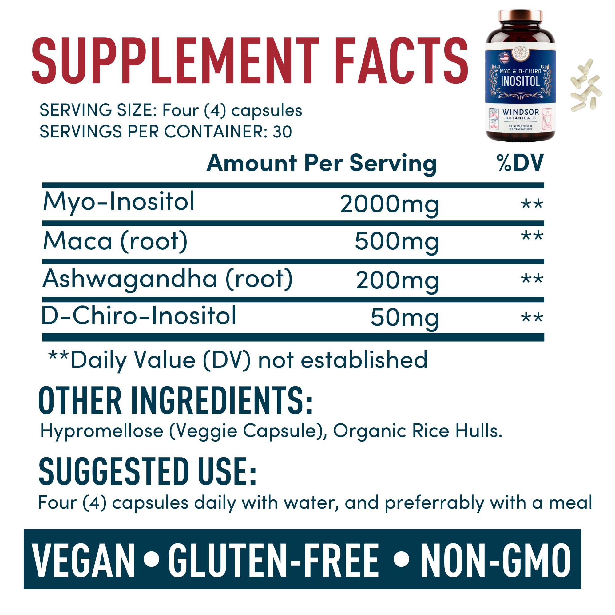 Myo-Inositol & D-Chiro Inositol 40:1 Ratio 2,000 mg - PCOS Supplements with Maca Root & Ashwagandha - Ovarian Health Support Vitamins - Hormone & Fertility Supplements for Women - 120 Vegan Caps WINDSOR BOTANICALS Au supplements