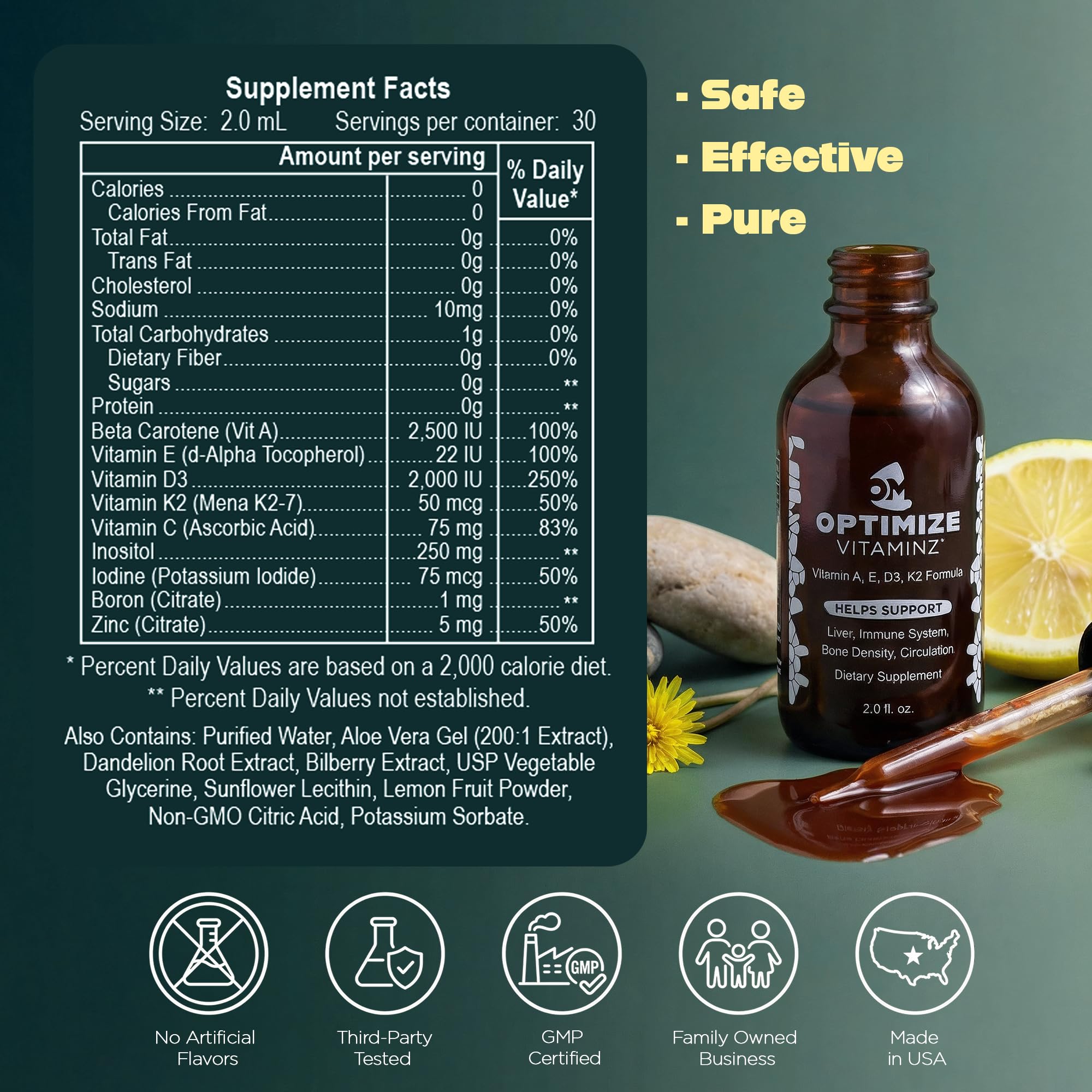 Optimize Vitaminz Liquid Vitamin D3 K2 Drops with Dandelion Root & Bilberry | Immune, Liver & Bone Support, MK-7 Formula, Fast Absorption Liquid Multivitamin, 30 Day Supply, 2 Fl Oz Optimize Minerals Au supplements