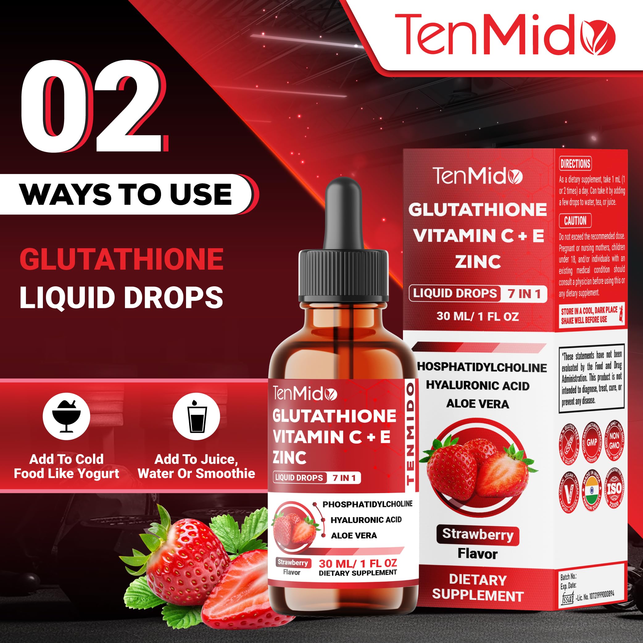 Tenmido Liposomal Glutathione Supplement - 7in1 Liquid Drops with Zinc, Vitamin C, Vitamin E, Phosphatidylcholine, Hyaluronic Acid, and Aloe Vera - Vegan, Non-GMO - 30ml 1 Fl Oz Tenmido Au supplements