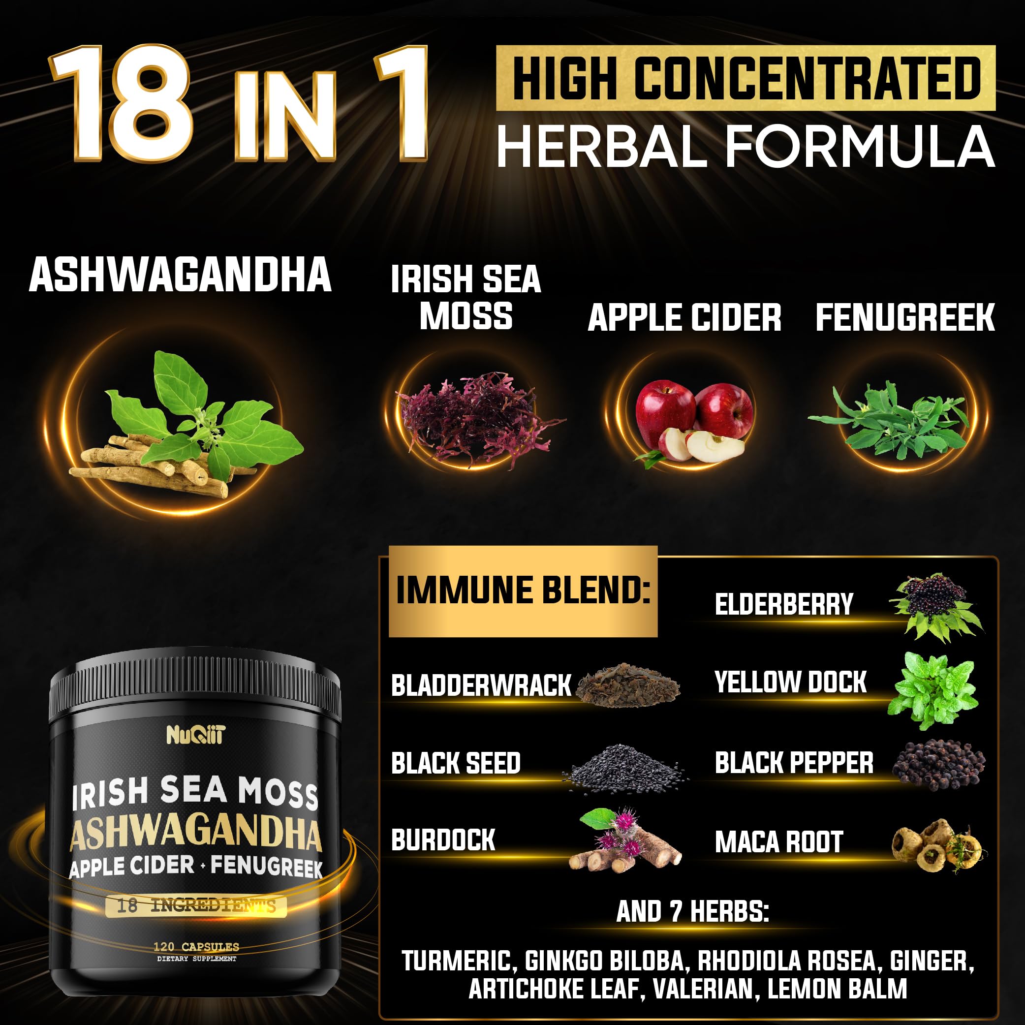 NUQIIT Organic Ashwangdha Capsules 15000mg Irish Sea Moss Apple Cider Vinegar & More - Support Brain Health, Strength & Immune System - 120 Vegan Capsules NUQIIT Au supplements
