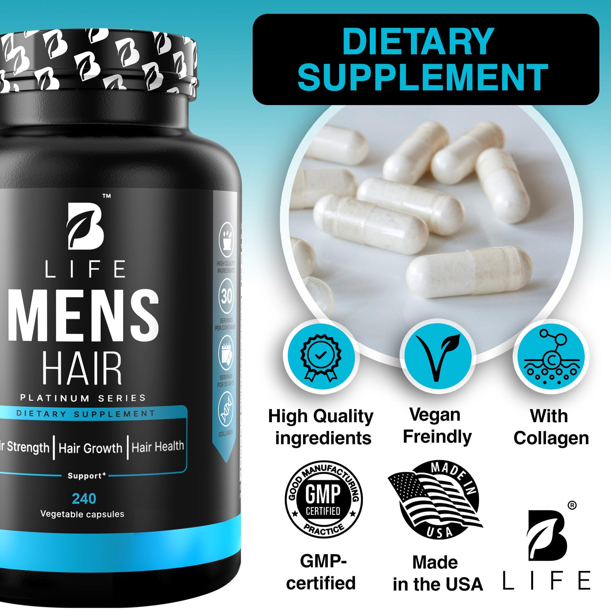Men’s Hair Growth Supplement – Biotin & Collagen Hair Vitamins for Men – Thicker, Fuller Hair, Nail & Scalp Support – Hair Loss Supplement with Zinc, Selenium & Vitamins A C D E – 240 Capsules B Life Company Au supplements