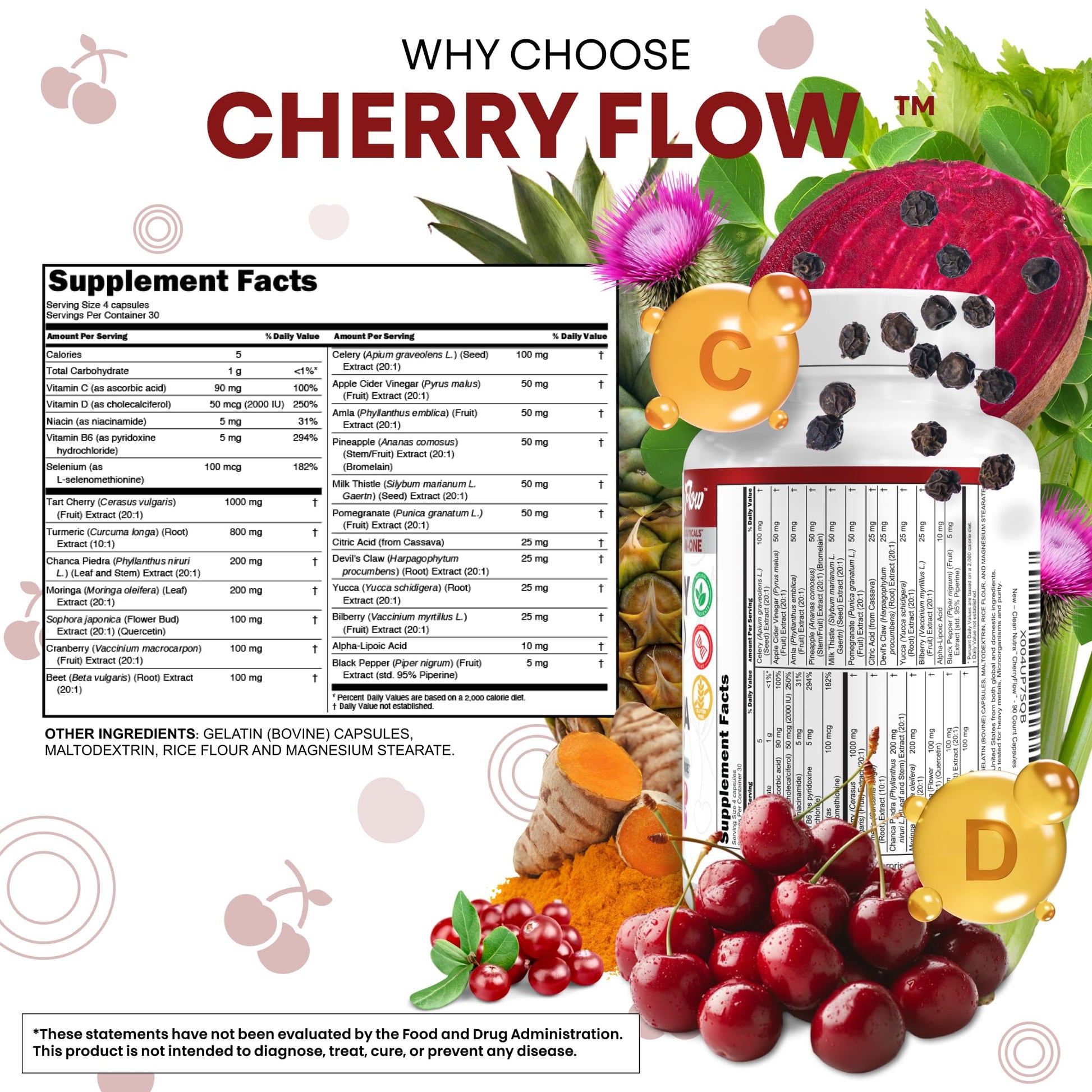 Cherry Flow Tart Cherry Capsules Uric Acid Support Celery Seed Turmeric Chanca Piedra Vitamin D Vitamin B6 Niacin Milk Thistle Moringa Extract Pomegranate Beets 90 Count By Clean Nutra Clean Nutraceuticals Au supplements